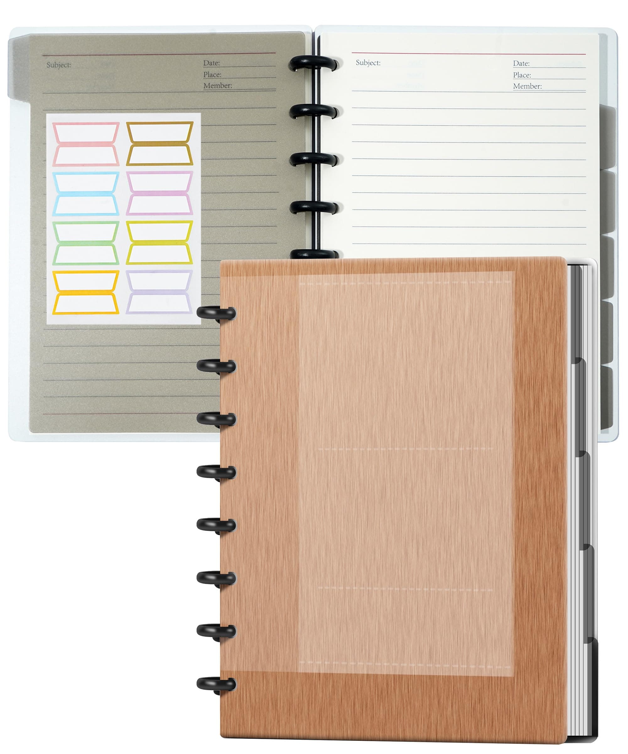 Discbound Notebook Customizable Spiral Journal Refillable 5 Subject Notebook with Removable Pages 120 Wide Ruled Disc Planner with 6 Binder Dividers & 16 Tabs for Work Meeting School, Rose Gold