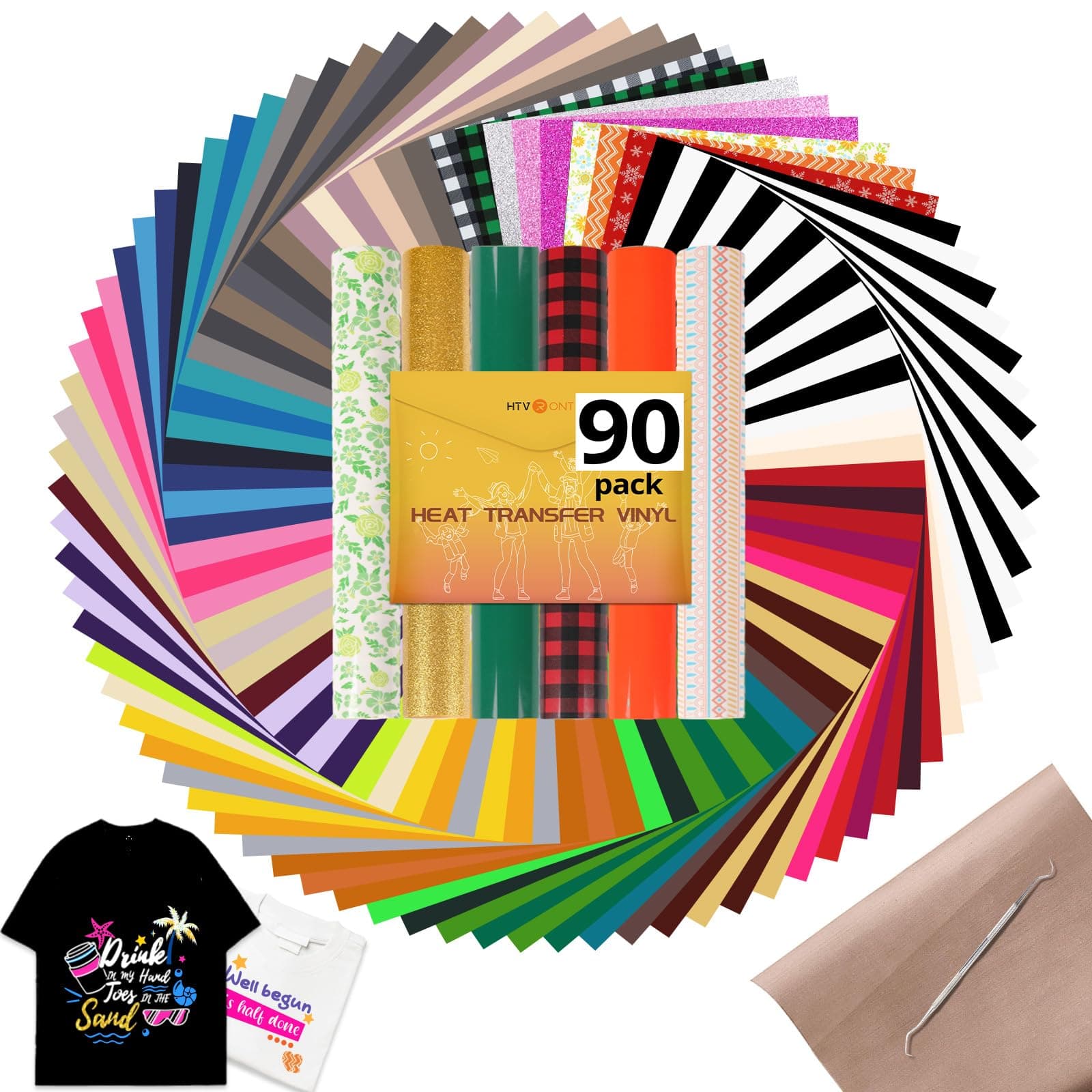HTVRONTHeat Transfer Vinyl Bundle, 90 Pack, 12" x 10", 58 Assorted Colors, Iron On Vinyl for T-Shirts