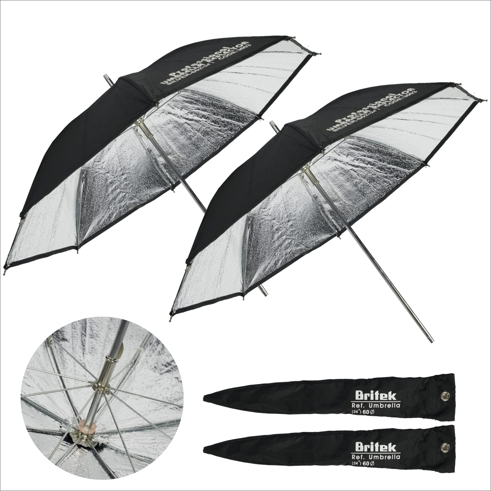BRITEK [2 PCS] Professional Studio 24"/60cm Black + Silver Reflector Photography Umbrella w/Sleeve, Metal Parts for Portrait Video Flash Photo