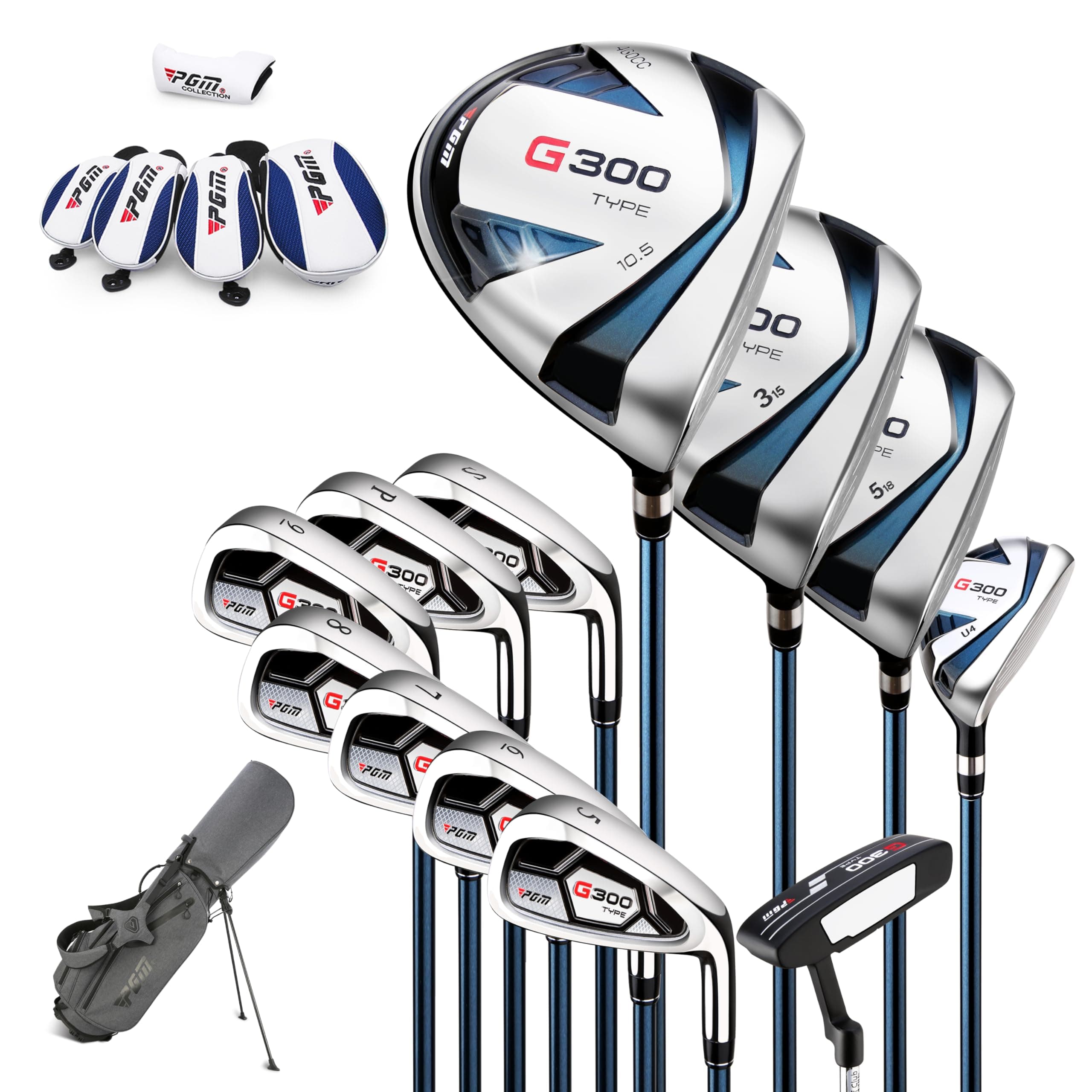 PGM Men’s Complete Golf Club Set – Titanium Driver, Draw-Biased Hybrid, High-Strength Irons, Forgiving Putter, Stand Bag with 5 Headcovers