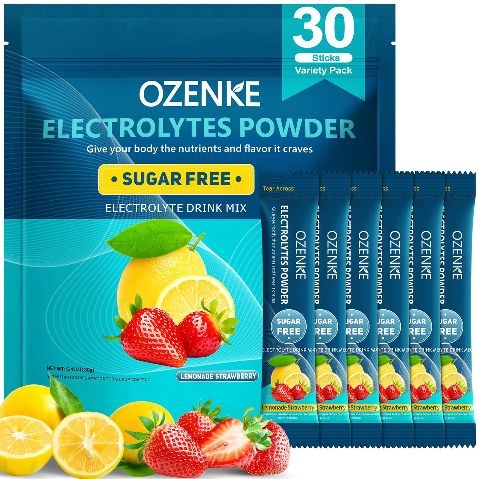 Electrolytes Powder Packets, 30 Sticks Hydration Packets Sugar Free, Electrolyte Drink Mix Portable Electrolyte Packet for Rapid Hydration, 0 Sugar & 0 Calorie, Lemon & Strawberry Flavor