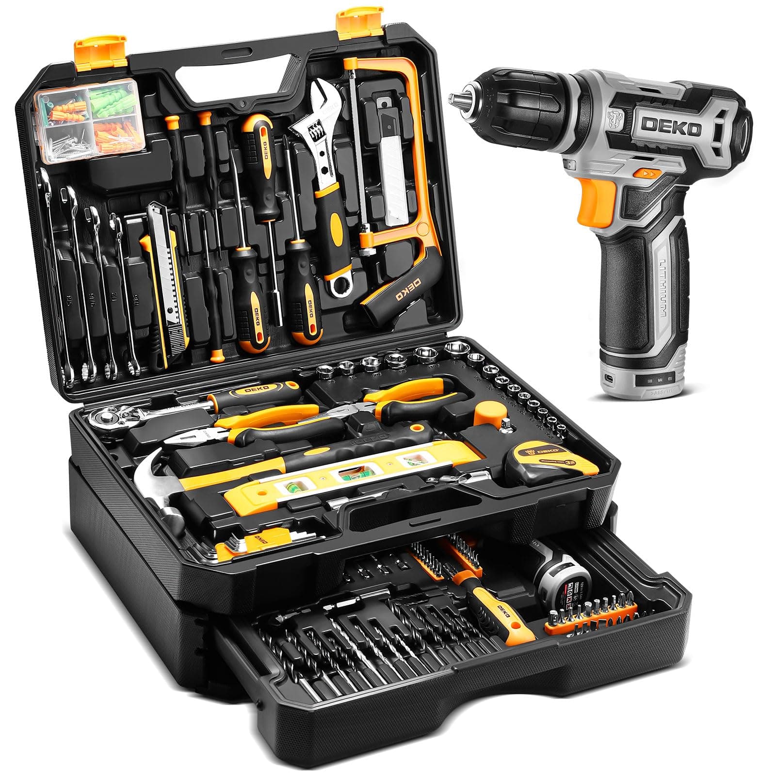 Tool Kit Box Drill Set:DEKOPRO Home Mechanic Toolbox with 12V Power Cordless Drill Hand Repair Tools Sets Combo Kits Storage Organizer Drawer Case for Men