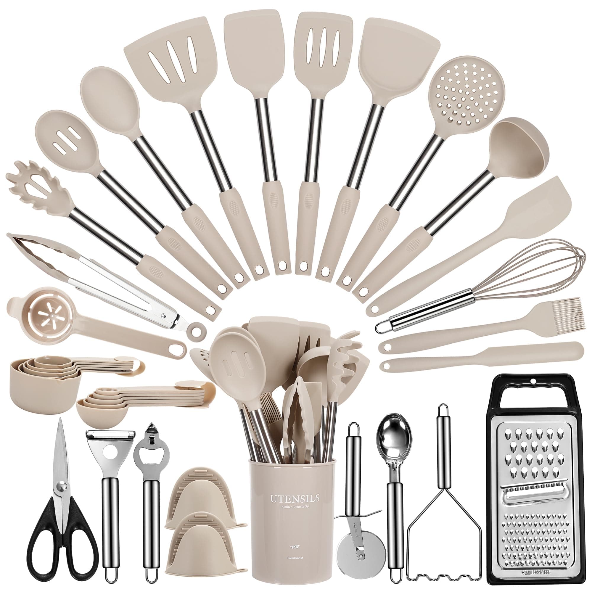 Cooking Utensils Set, 35Pcs Silicone Kitchen Utensils Set with Holder, 446°F Heat Resistant Food Grade Spatula Set, BPA Free Kitchen Gadgets for Non-stick Cookware, Easy to Clean (Khaki)
