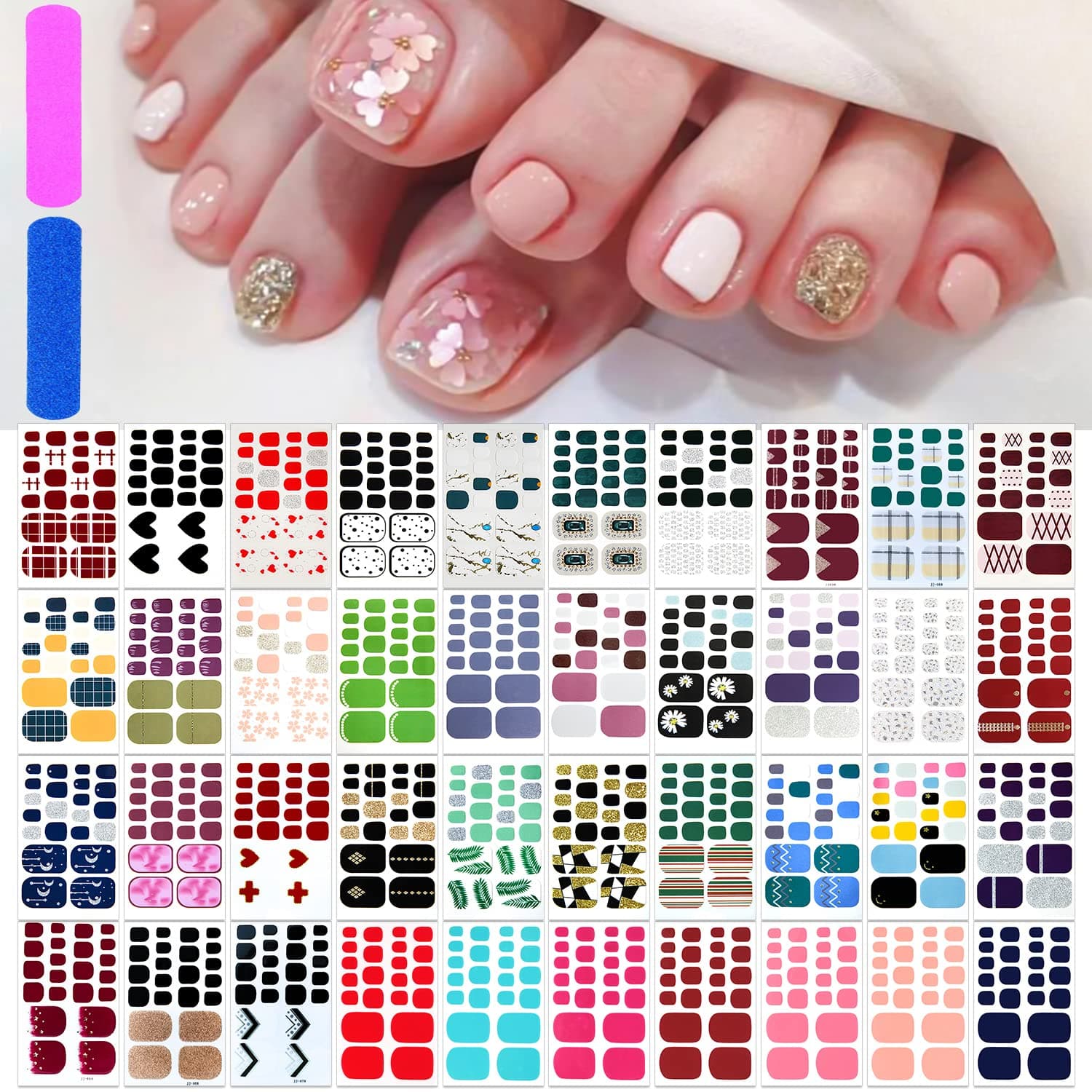 SILPECWEE 40 Sheets Toe Nail Stickers Full Wraps Polish Strips for Women Gel Self Adhesive Decals Toes Manicure Sticker Accessories With 1pc File