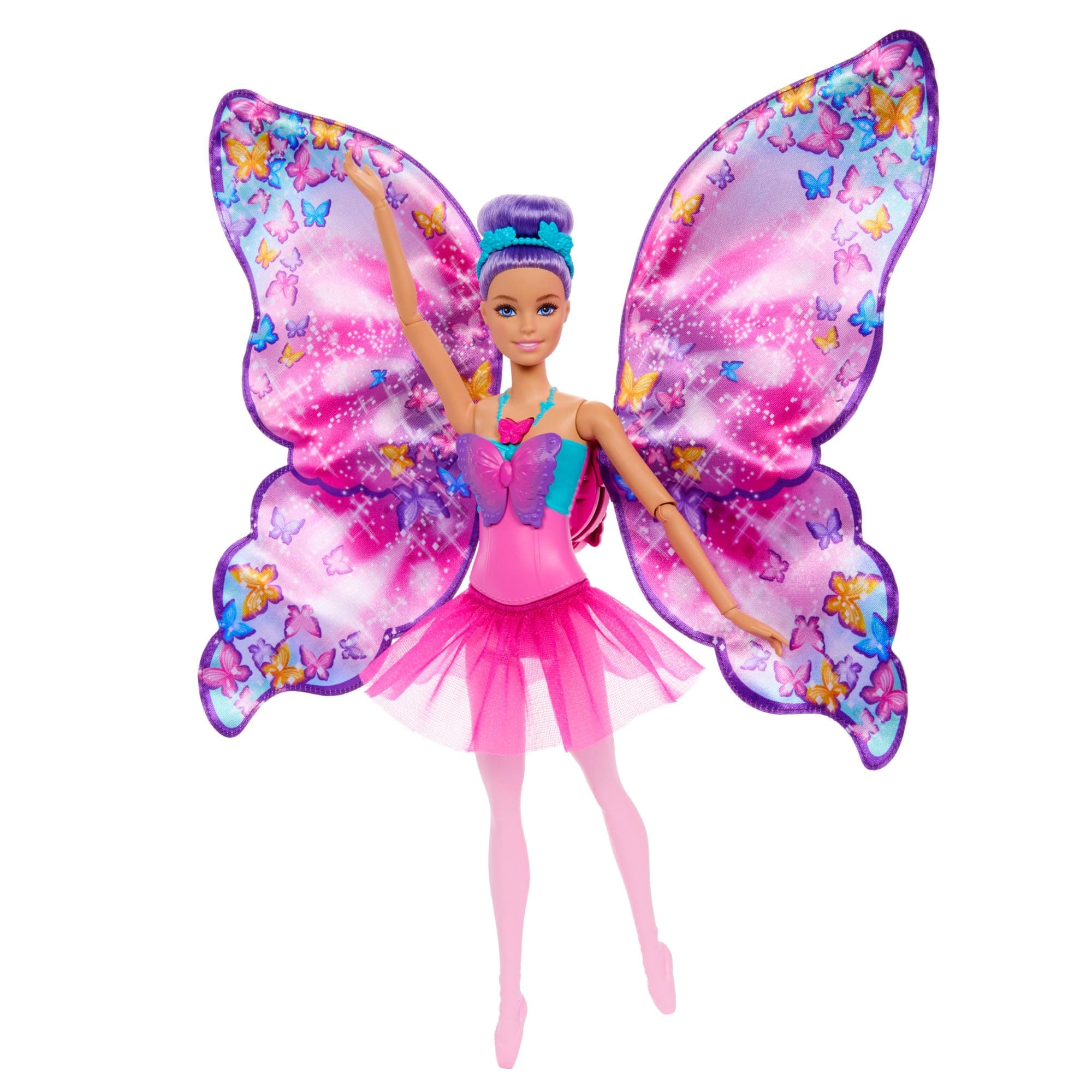 Dance and Flutter Doll with 2-in-1 Transformation from Dancer to Butterfly with Opening Wings, Purple Hair, Headpiece & Removable Tutu, HXJ10