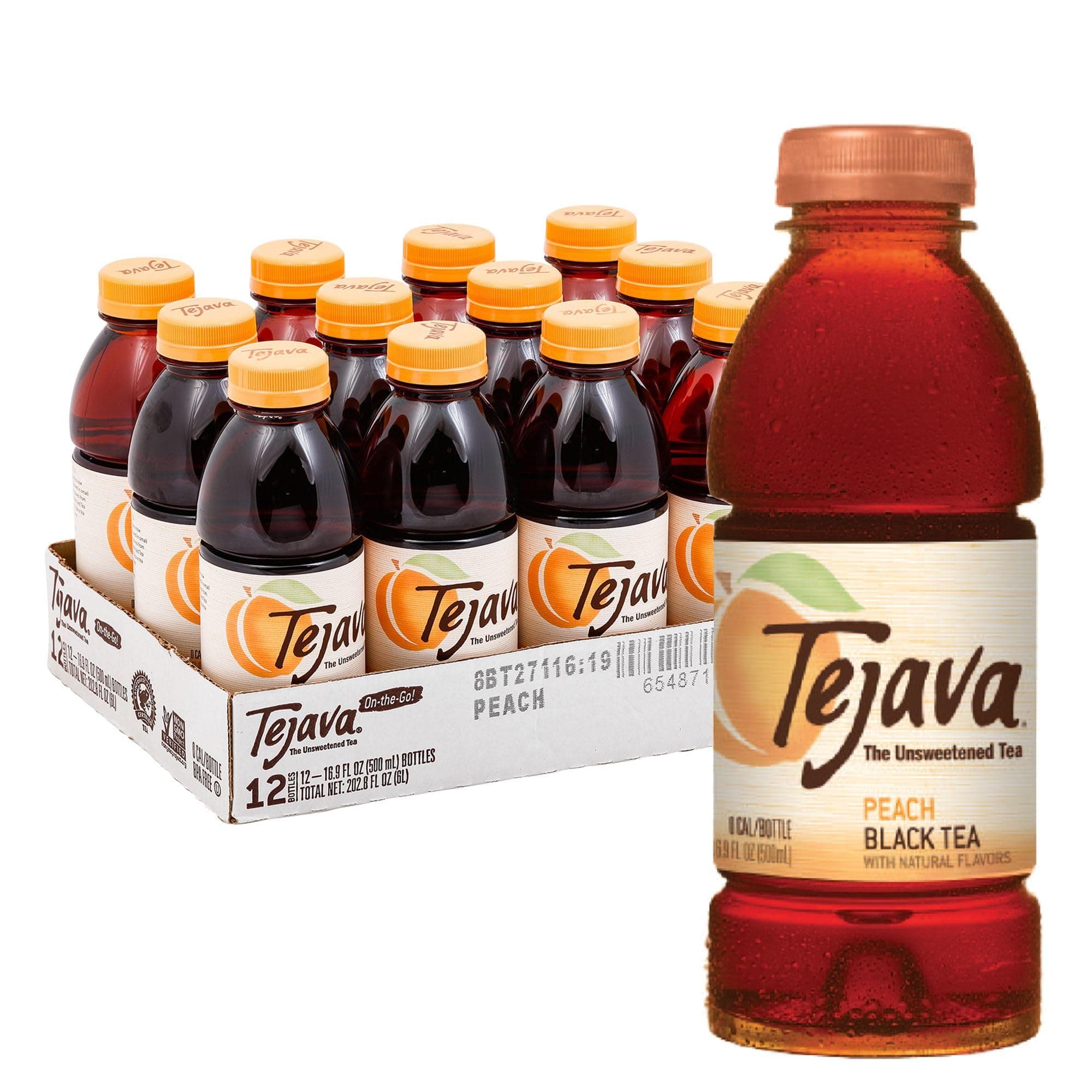 Tejava Unsweetened Iced Tea, Peach, 16.9oz PET Bottles, Award Winning, Non-GMO-Verified, from Rainforest Alliance-Certified farms (12 Pack)
