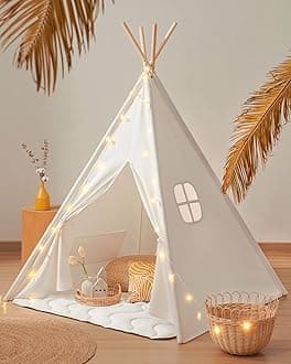 Tiny Land Teepee Tent for Kids – 100% Cotton Play Tent with Padded Mat & Star Lights, Foldable with Carry Bag, Indoor Play Tent for Girls & Boys