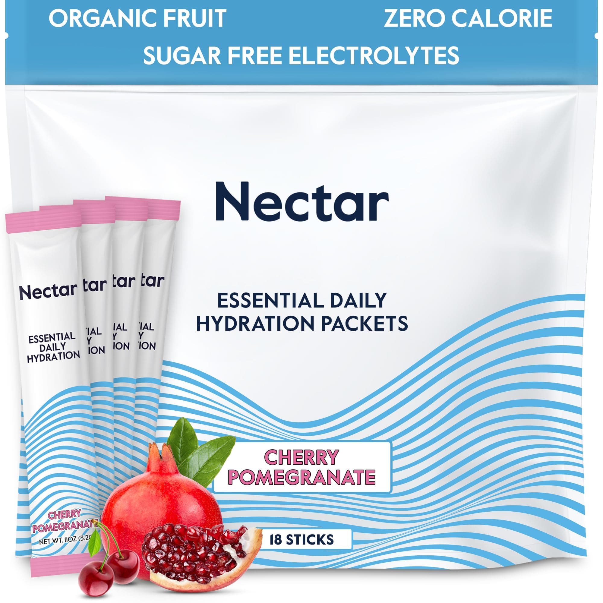 Nectar Hydration Packets - Electrolytes Powder Packets - No Sugar or Calories - Organic Fruit Liquid Daily IV Electrolytes Powder for Dehydration Relief and Rehydration (Cherry Pom 18 Pack)
