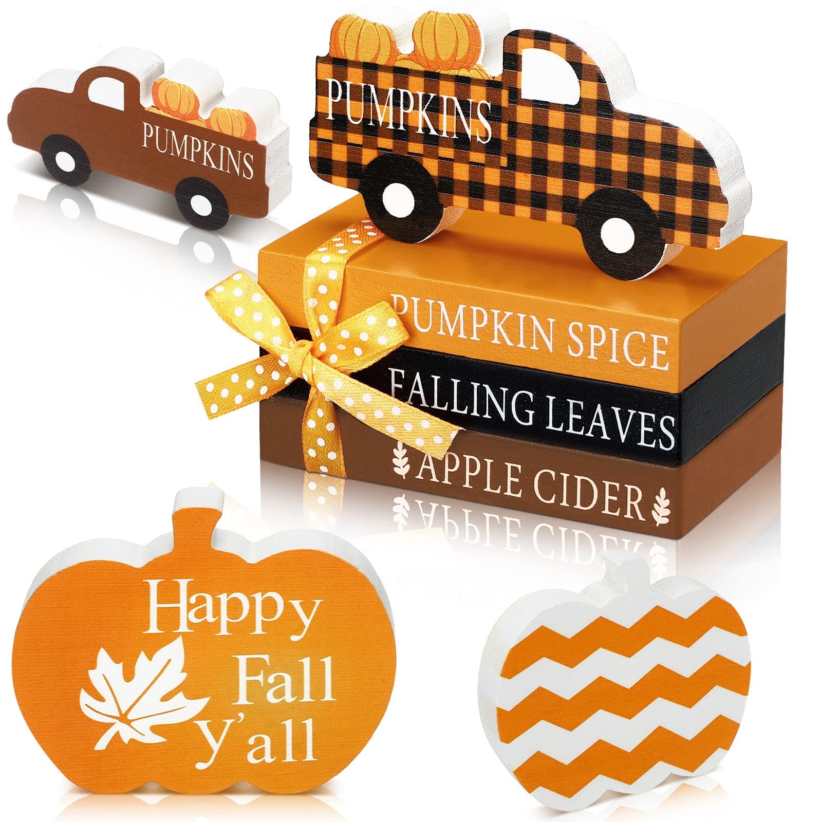 Blulu 5 Pcs Fall Decorations for Home Fall Tiered Tray Decor Thanksgiving Table Decor 3 Mini Faux Decorative Books Bundle with Twine Rustic Wood Pumpkin Truck Signs for Autumn Harvest Office Shelf