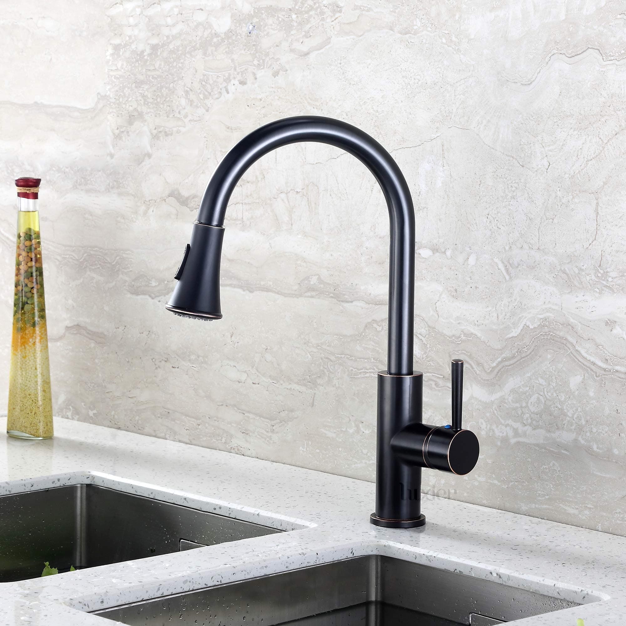 Luxier KTS11-TO Contemporary 16" Pull Out Spray Kitchen Sink Faucet cUPC NSF AB 1953 Lead Free Oil Rubbed Bronze