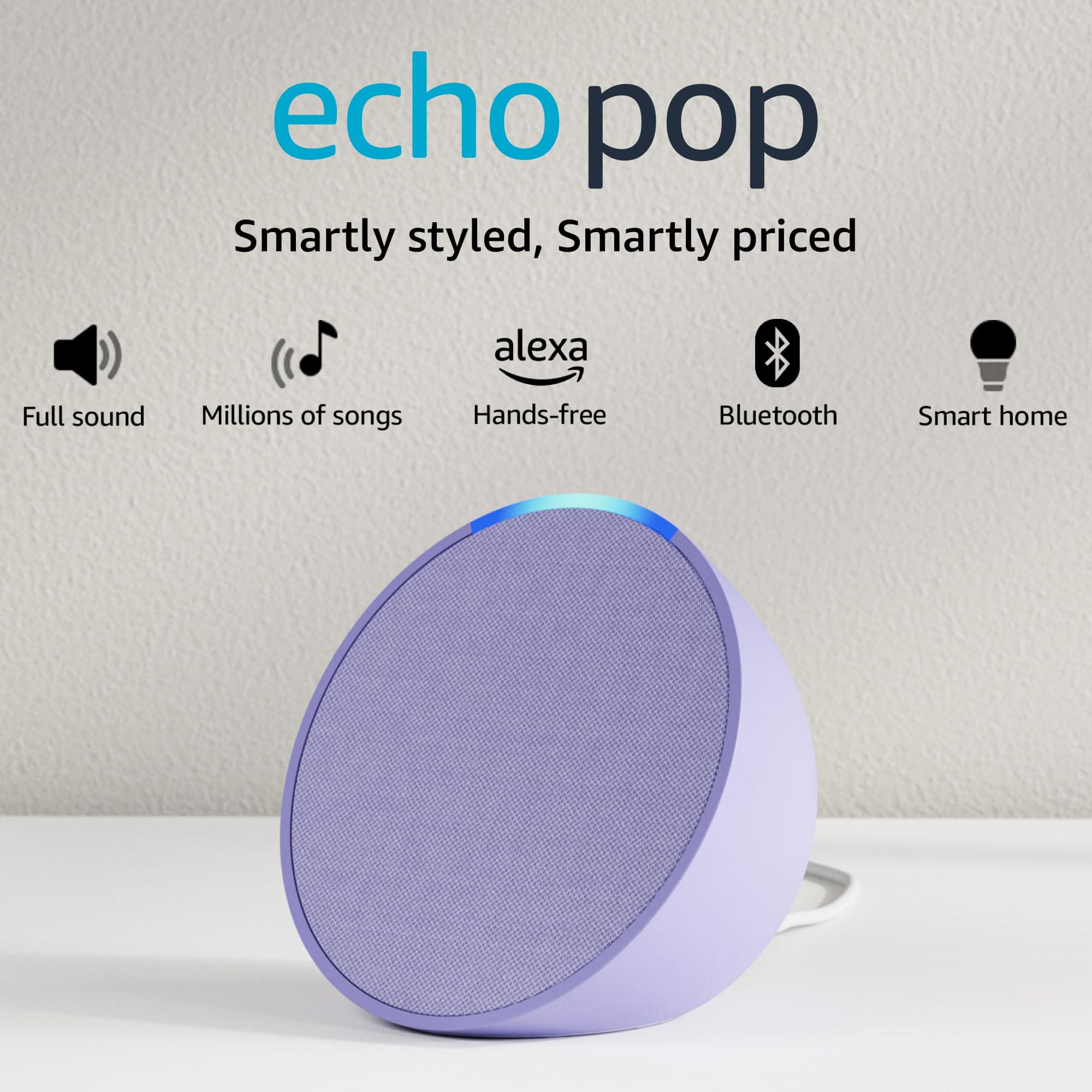 Amazon Echo Pop| Smart speaker with Alexa and Bluetooth| Full sound, balanced bass, crisp vocals| Purple