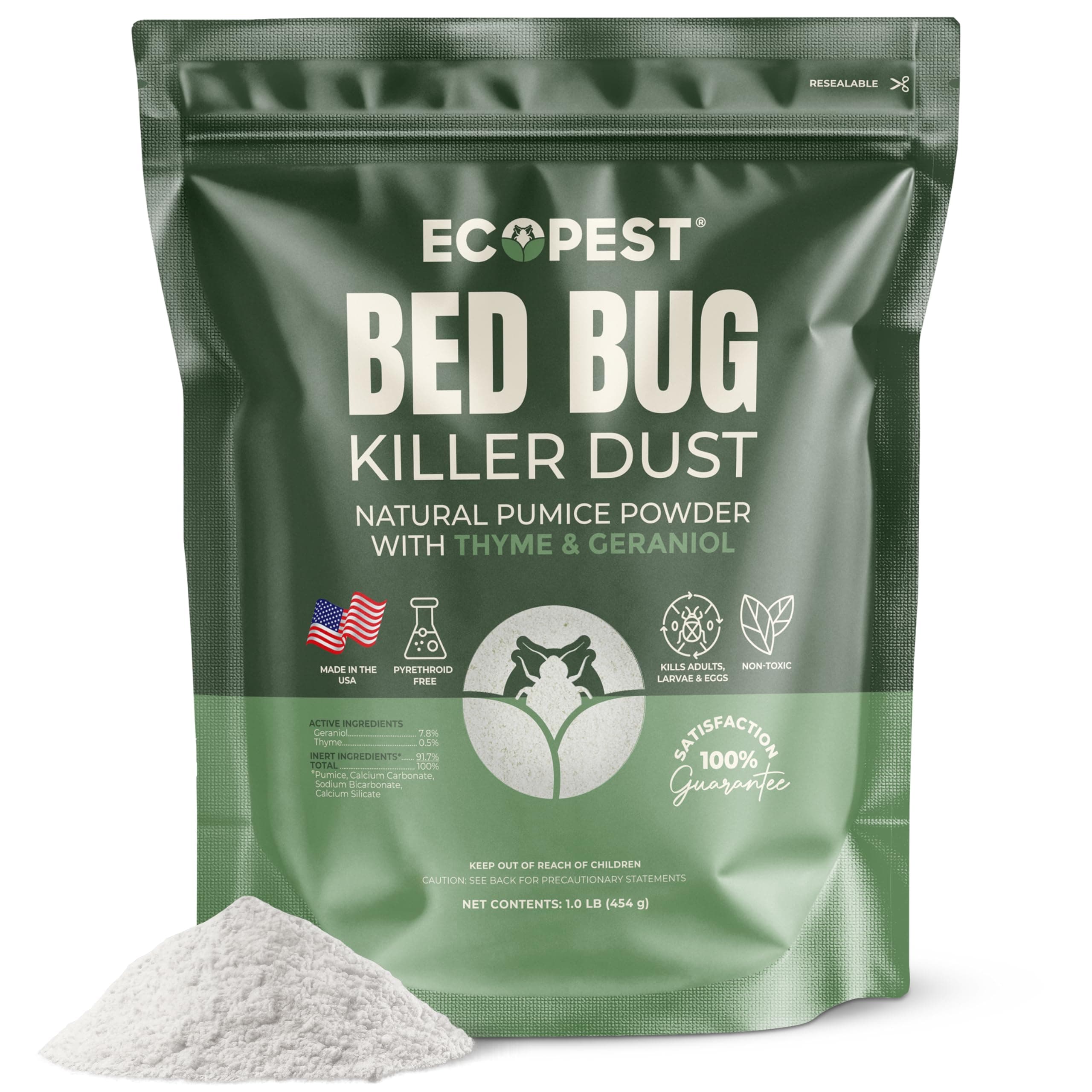 Bed Bug Killer Dust, 1 lb. | Natural Pumice Powder with Powerful Essential Oils for Indoor Treatment of Bed Bugs | Kills Bed Bugs and Eggs by Contact | Low-Odor and Non-Staining Pest Control Powder