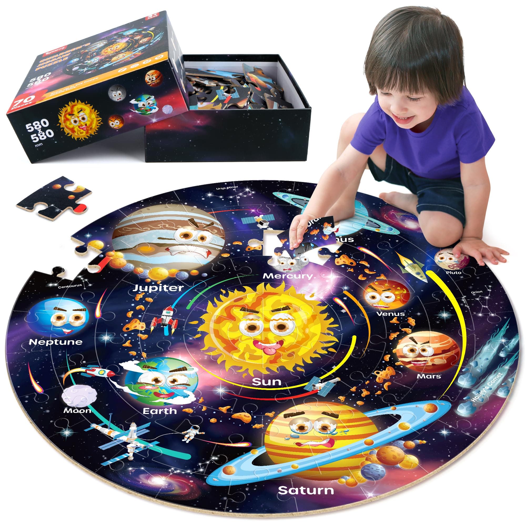 SYNARRY Solar System Floor Puzzles for Kids Ages 4-8, Large 70 Piece Jigsaw Puzzles for Kids Ages 4-6, Space Planet Astronaut Toys Puzzles, Preschool Learning Toys, Easter Basket Stuffers for Boy Girl