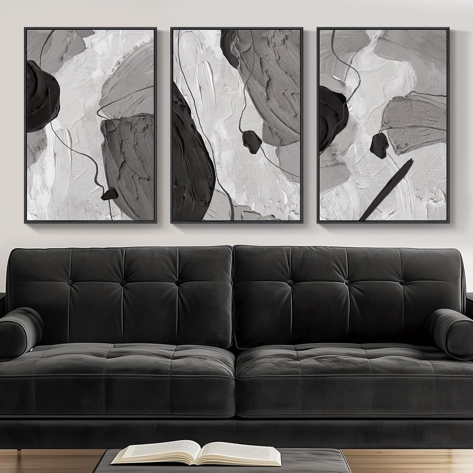 Framed Black and White Modern Abstract Wall Art, 3 Piece Canvas Prints Paintings Artwork for Walls, Minimalist Black White Grey Pictures for Living Room Dining Room Bedroom Office Wall Decor 16x24 In