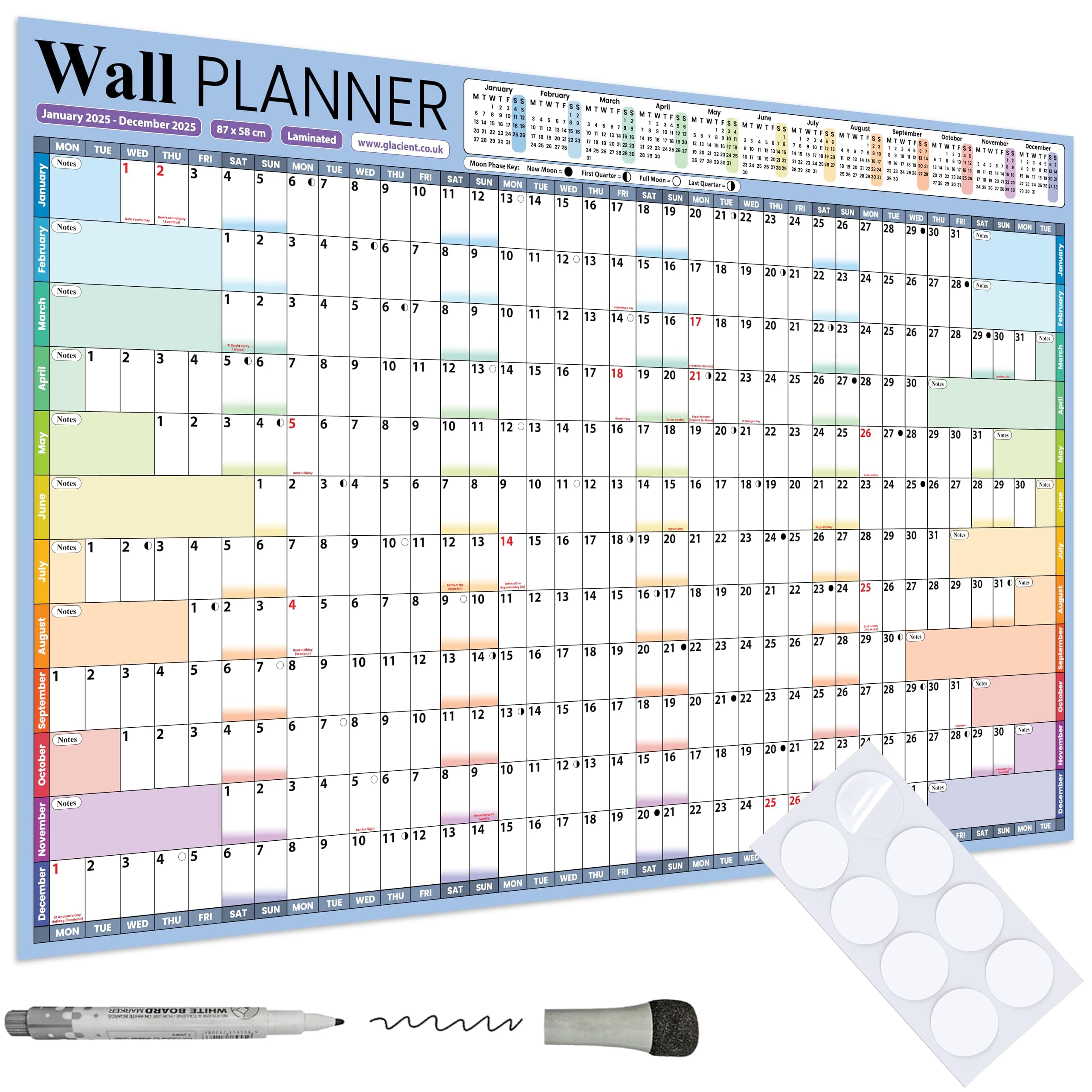 2025 Wall Planner Set Large A1 (90 x 58cm) Laminated Folded Thick Wall Calendar Includes Marker & Glue Dots for Mounting Runs Jan - Dec by Glacient