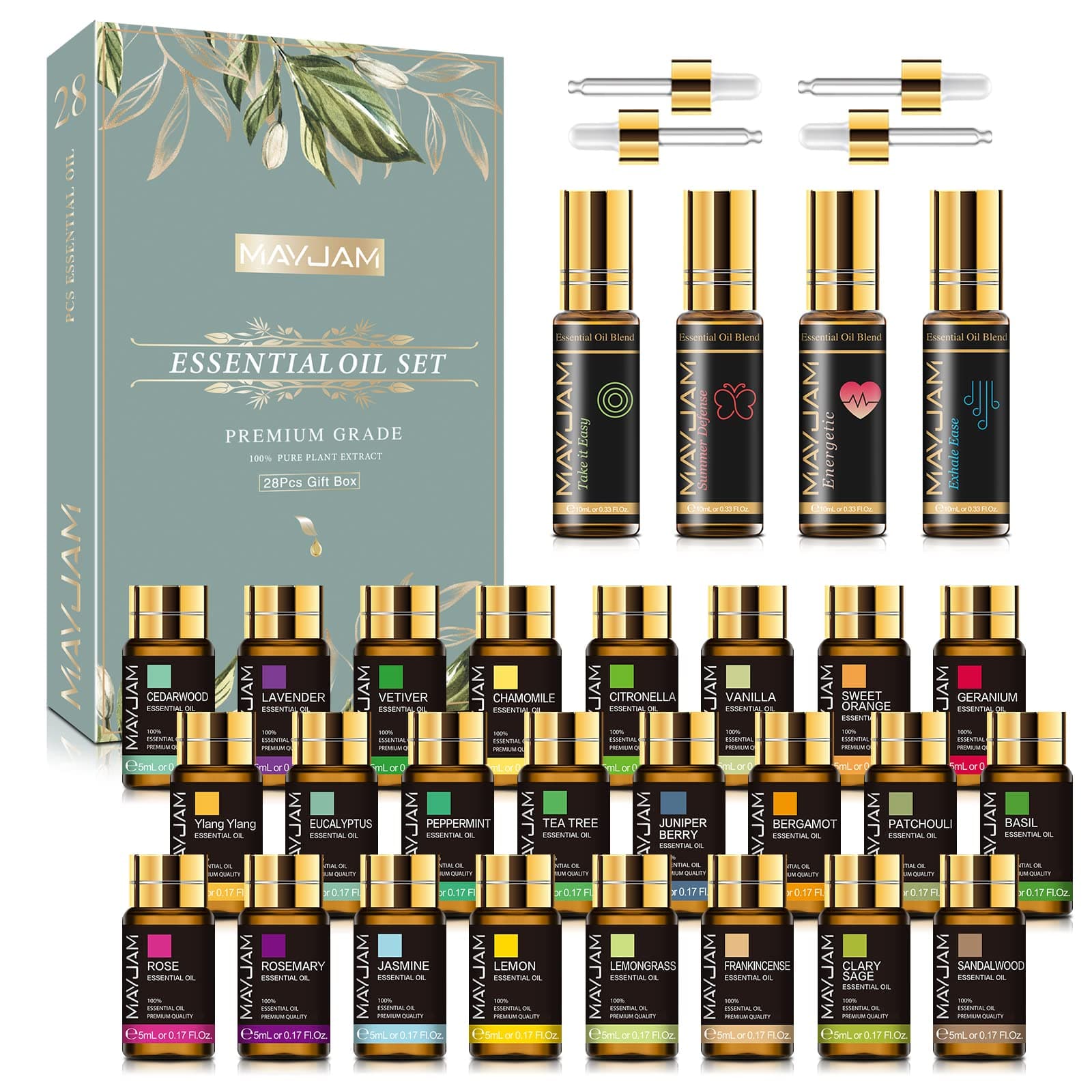 Top 28 Essential Oil Set for Diffuser Massage, 24x5ml Essential Oil Singles, 4x10ml Essential Oil Blends for Home Office Yoga