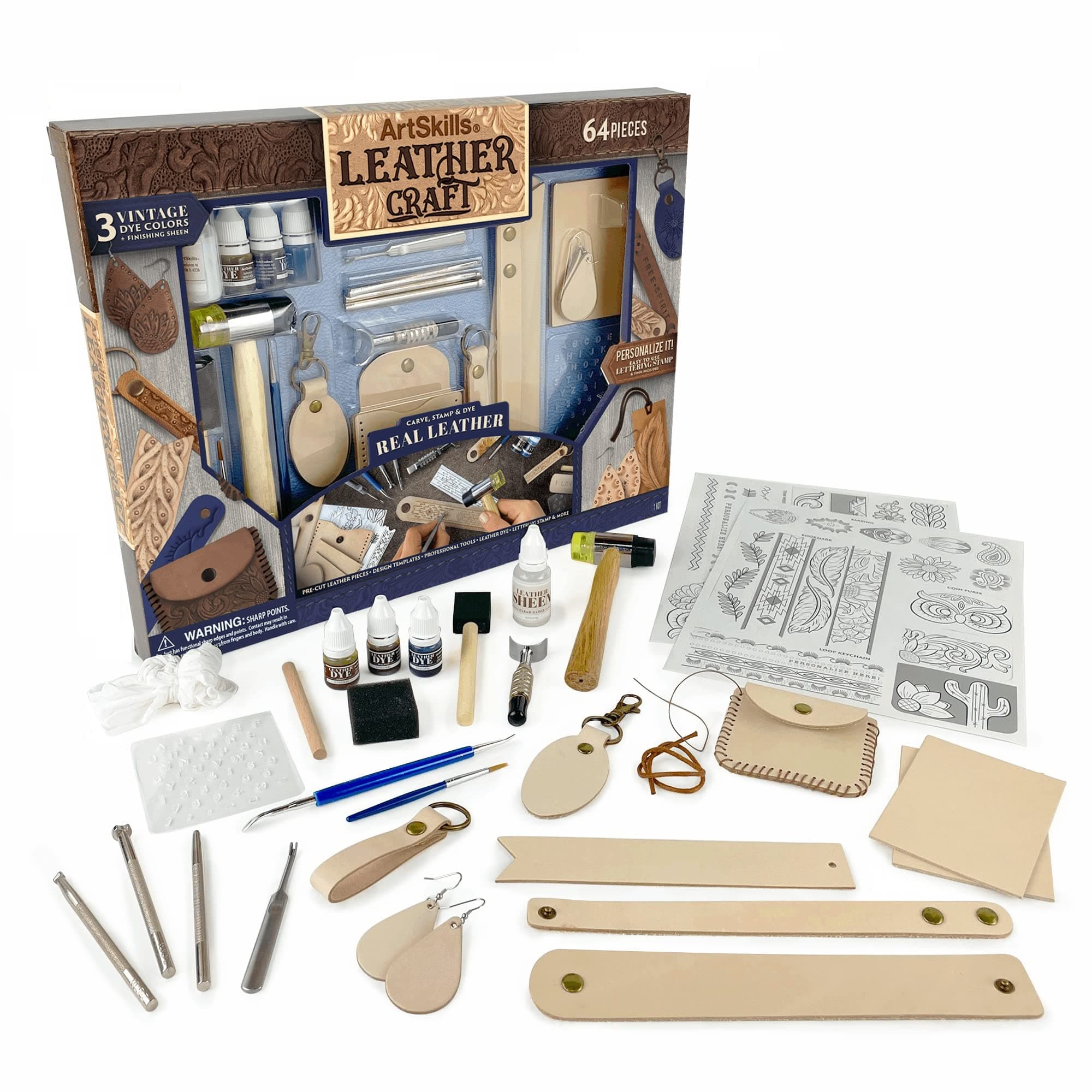 ArtSkills Leather Working Kit for Beginners with Leather Tools, Dyes, and Stamps - Arts and Crafts Kit for Adults & Teens, 64 pc