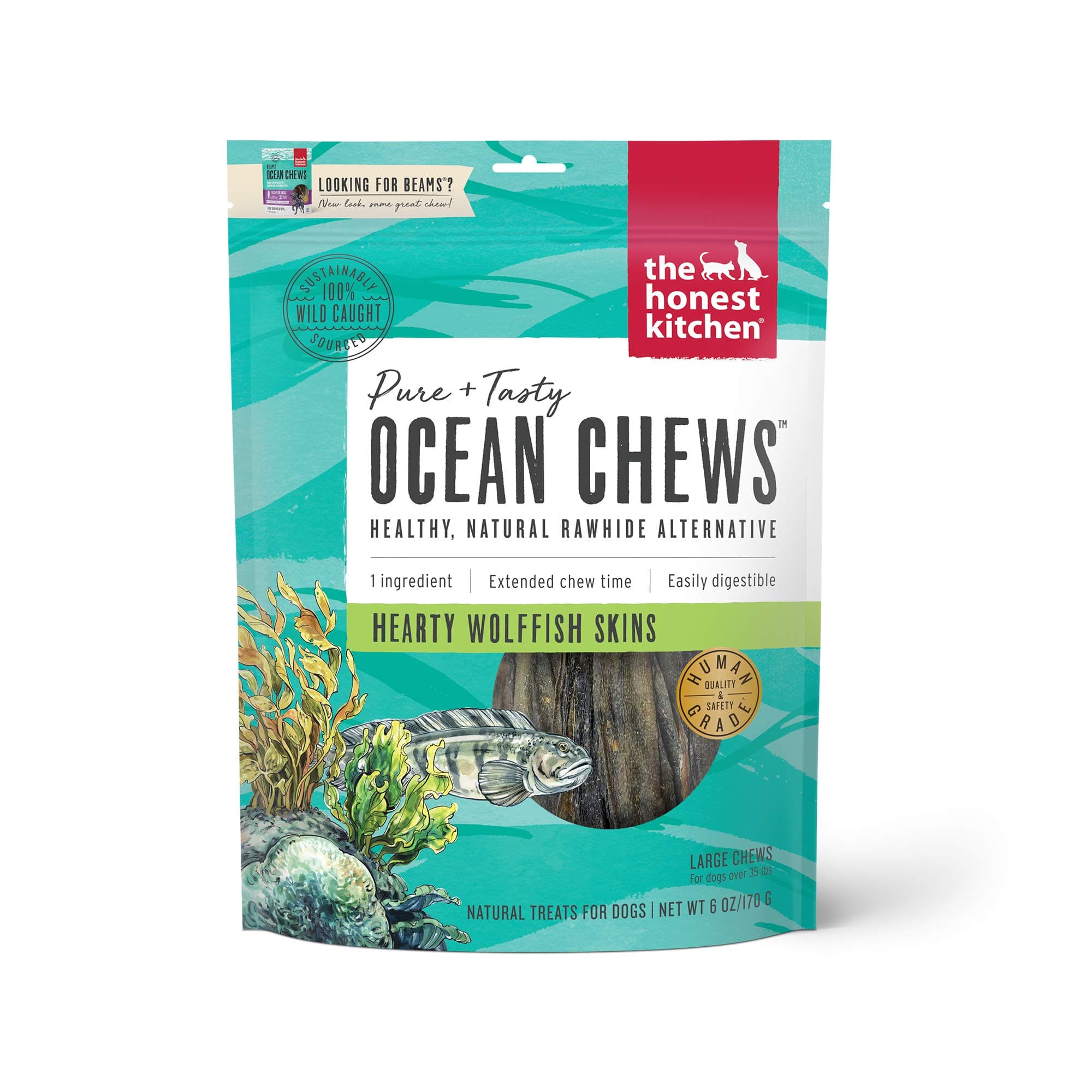 The Honest Kitchen Human Grade Ocean Chews Hearty Wolffish Skins Dog Treats, 6 oz (Beams)