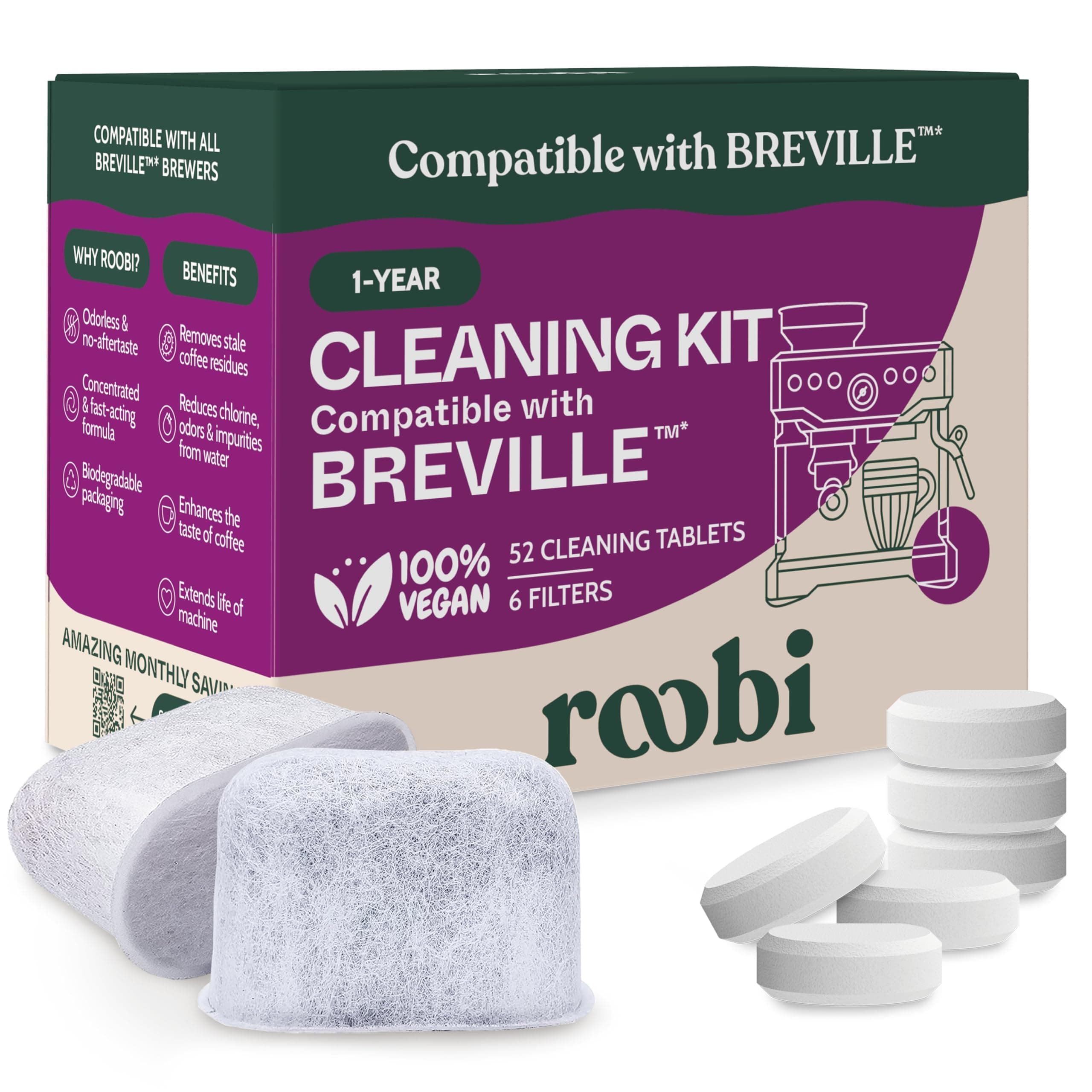 Breville Compatible Espresso Machine Cleaning & Maintenance Kit. Includes 52 Breville Cleaning Tablets and 6 Water Filters. Carbon Neutral. 1 Year Supply.