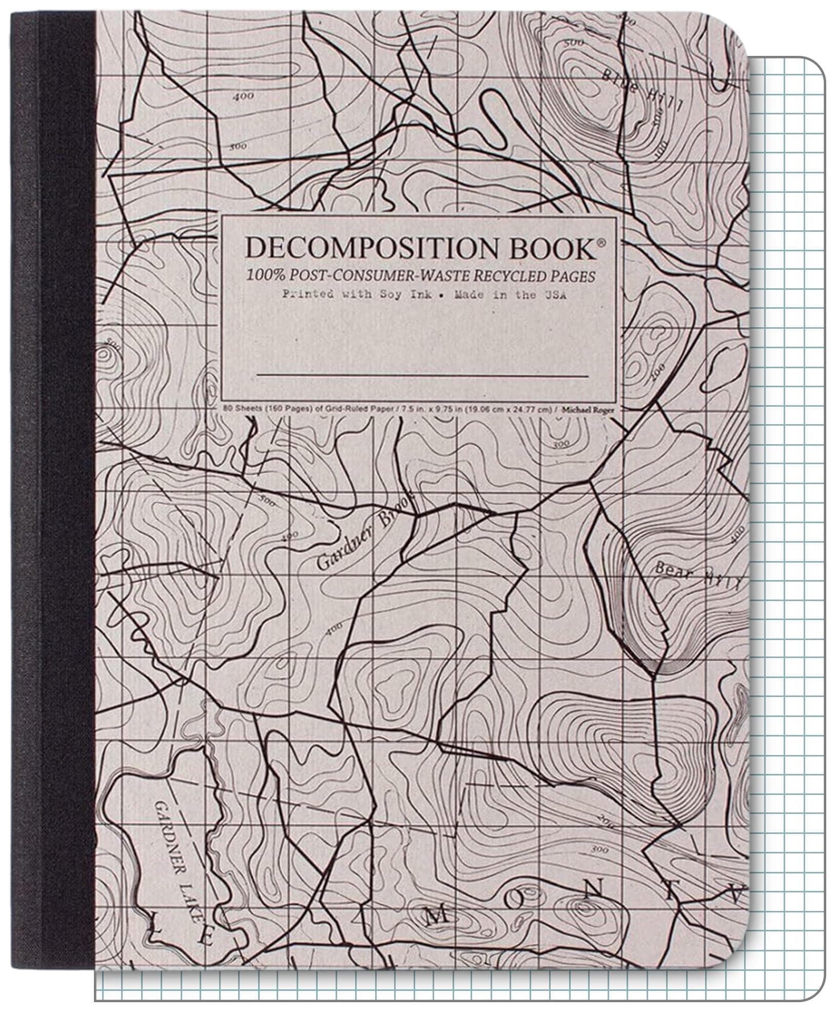 Decomposition Topographical Map Graph Paper Composition Notebook - 9.75 x 7.5 Journal with 160 Grid Pages - Quad Ruled Notebooks for School Supplies, Home & Office - 100% Recycled Paper, Made in USA
