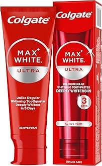 Colgate Max White Ultra Active Foam Teeth Whitening Toothpaste 75ml | whiter teeth in 3 days* | enamel safe for daily use | removes deep stains* | fluoride whitening toothpaste | clinically proven