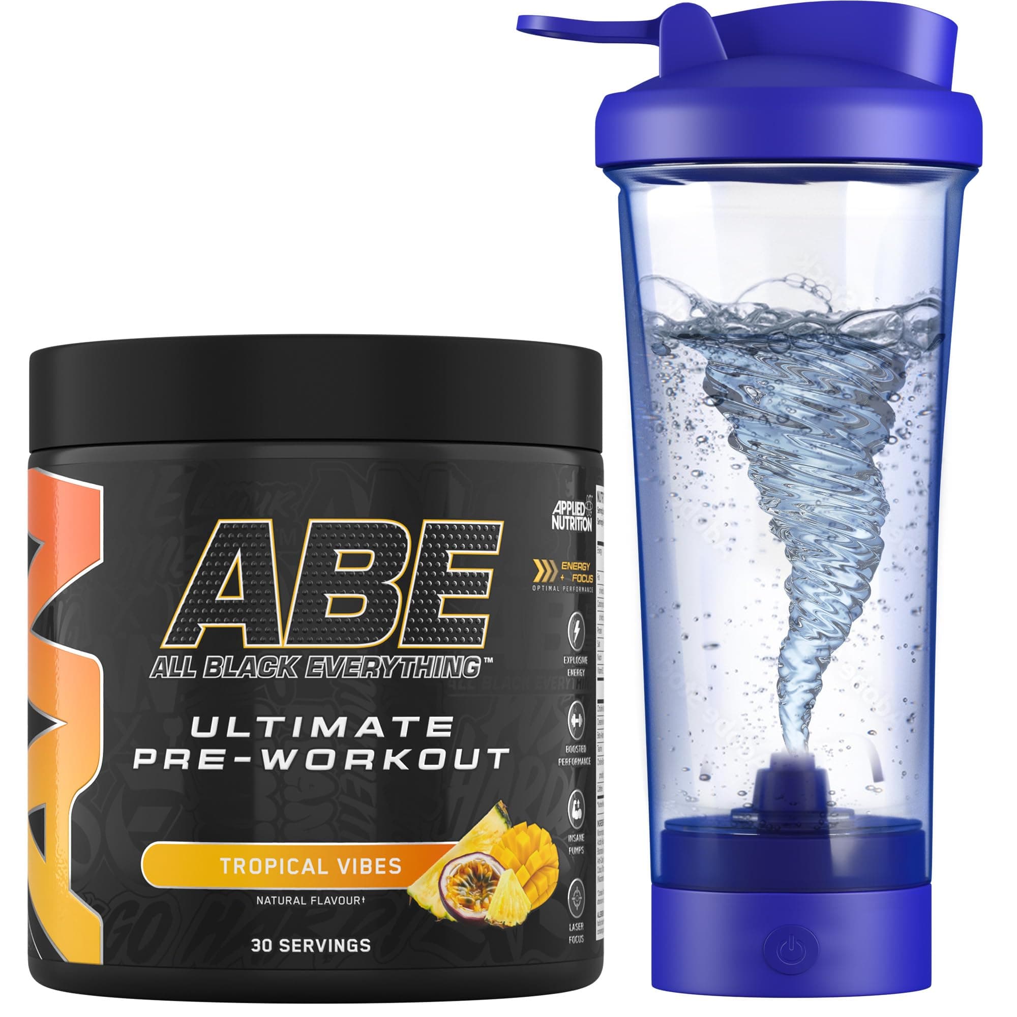 Applied Nutrition Bundle ABE Pre Workout 375g + Electric Shaker | All Black Everything Pre Workout Powder, Energy Drink, Physical Performance, Creatine, Beta Alanine, Caffeine (Tropical)