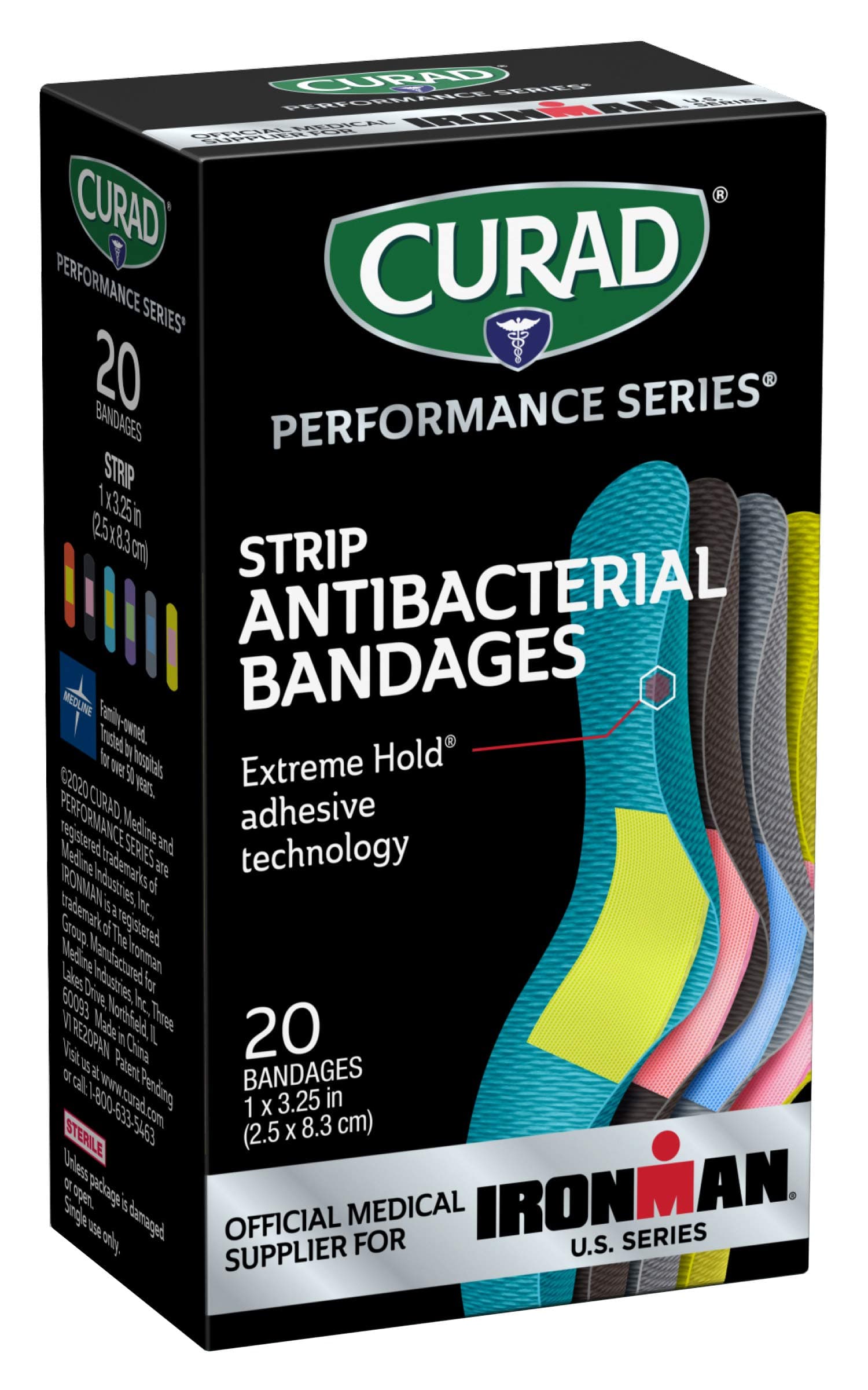 Performance Series Antibacterial Bandages, Extreme Hold Adhesive Technology, Standard Size Flexible Fabric Bandages for Cuts, Scrapes, & Burns, Assorted Colors, 1 x 3.25 inches, 20 Count