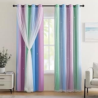 XiDi Blue & Rainbow Curtains for Kids & Girl Rooms - Blackout, Unicorn Wall Decals, 34x84 Inch, 1 Panel
