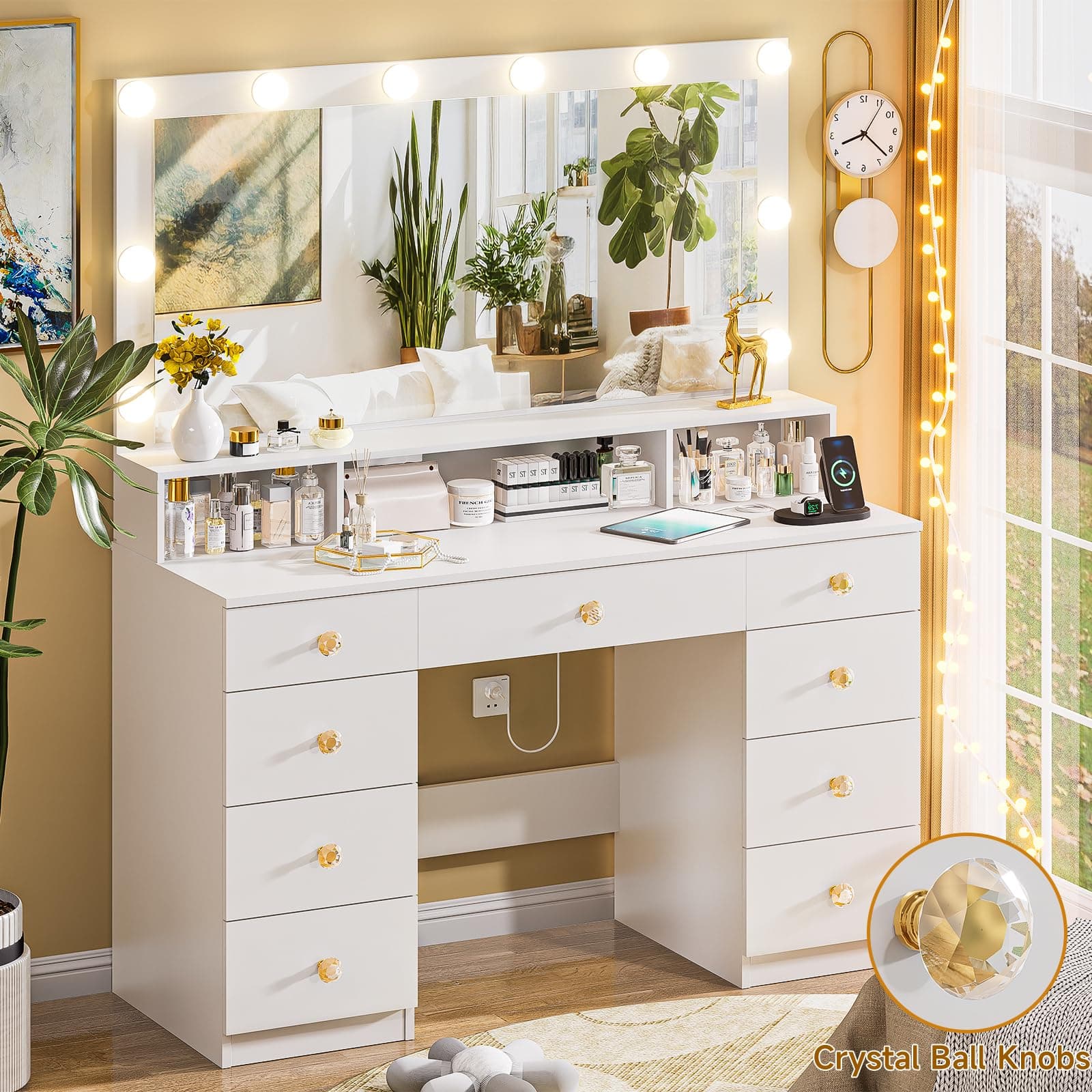 Vanity Desk with Lighted Mirror, Makeup Vanity Table with Power Outlet, 9 Drawers & Crystal Handles, 43.3” Large Vanity Desk Dressing Table for Women, Girls, Bedroom, White