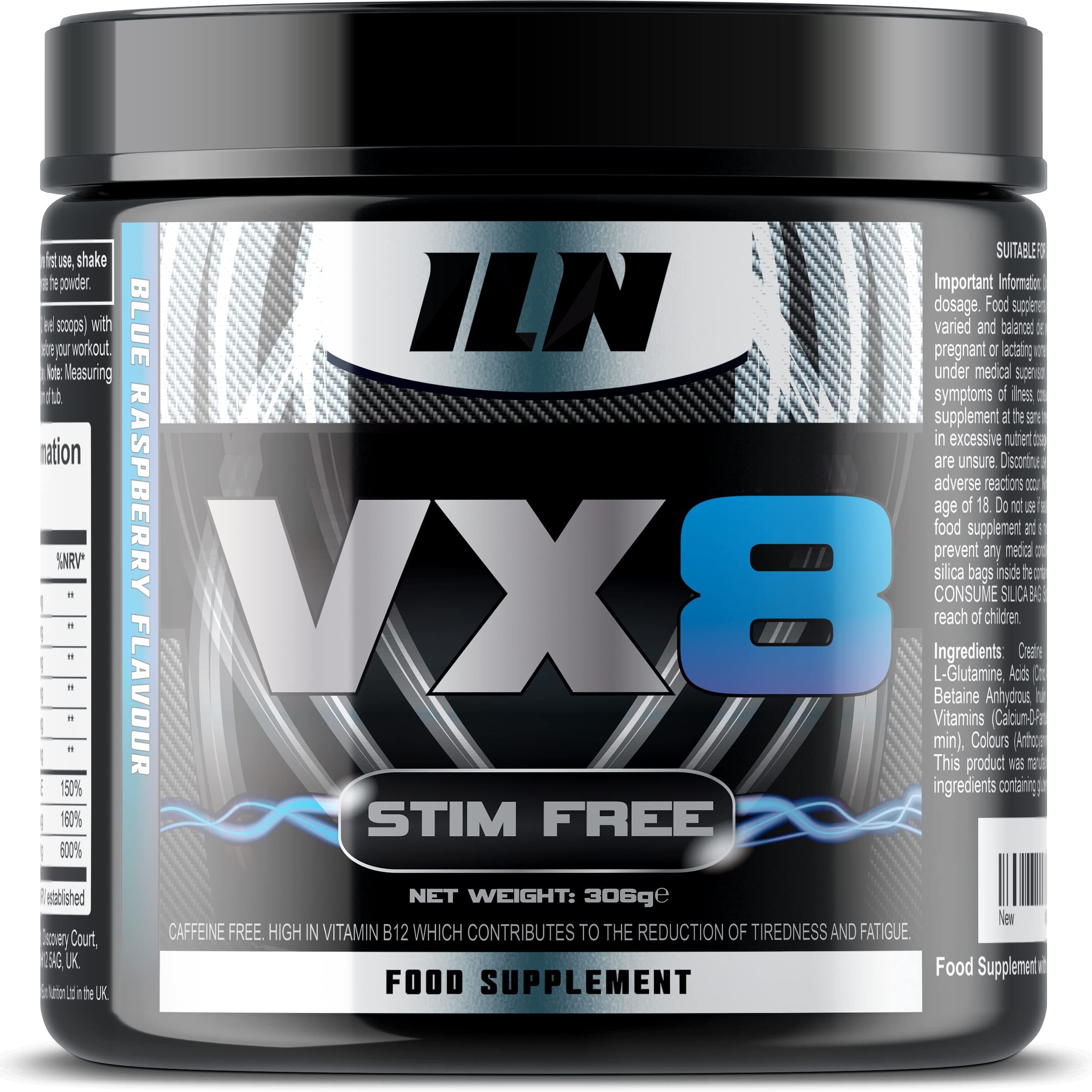 VX8 - Stim Free Pre Workout (Blue Raspberry) - Caffeine Free Pre Workout & Non Stim Pump Enhancer - Non Stimulant Preworkout with Creatine, Taurine and Betaine (306 Grams)