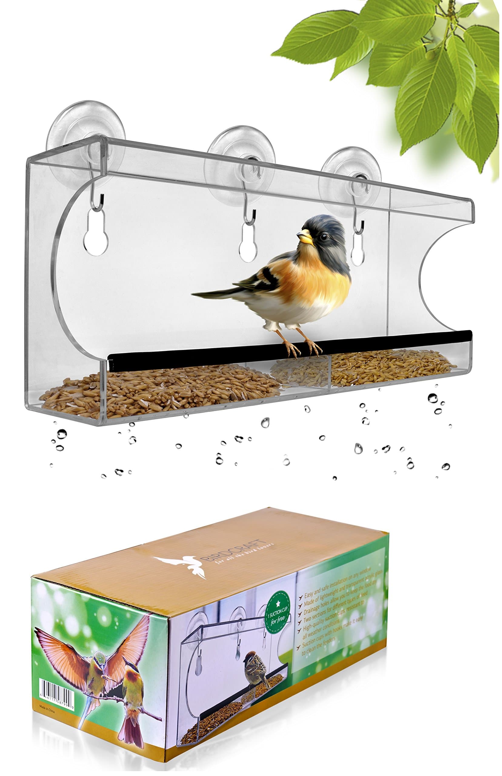 Birdcraft Large Window Bird Feeder with Removable Tray and 3 Suction Cups