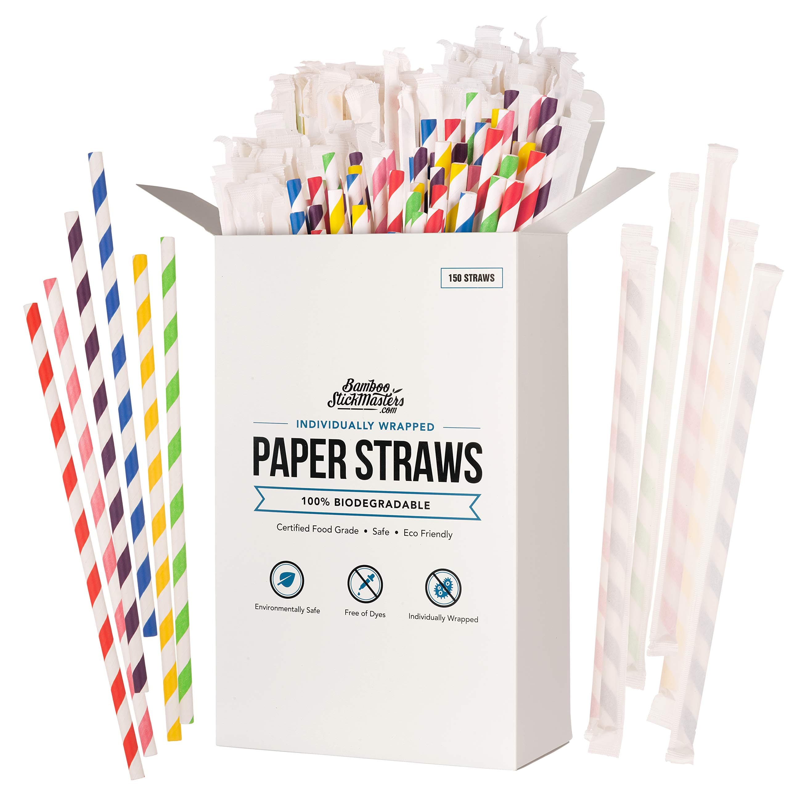 150 Disposable,Biodegradable Paper Drinking Straws, Plastic Free Straws for Parties, Birthdays, Weddings, DIY Decorations 6 Bright Colours Eco-Friendly