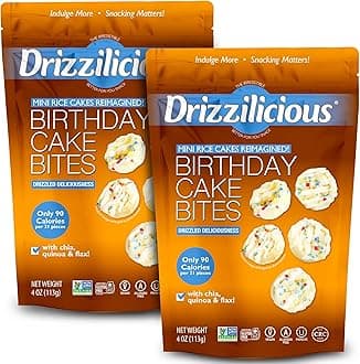 Drizzilicious Mini Flavored Rice Cakes Birthday Cake - Rice Crisps, Healthy Snack for Adults and Kids, Vegan, Gluten Free Snack, Allergen Free, Only 90 Calories Per 21 Pieces - 4 oz (Pack of 2)