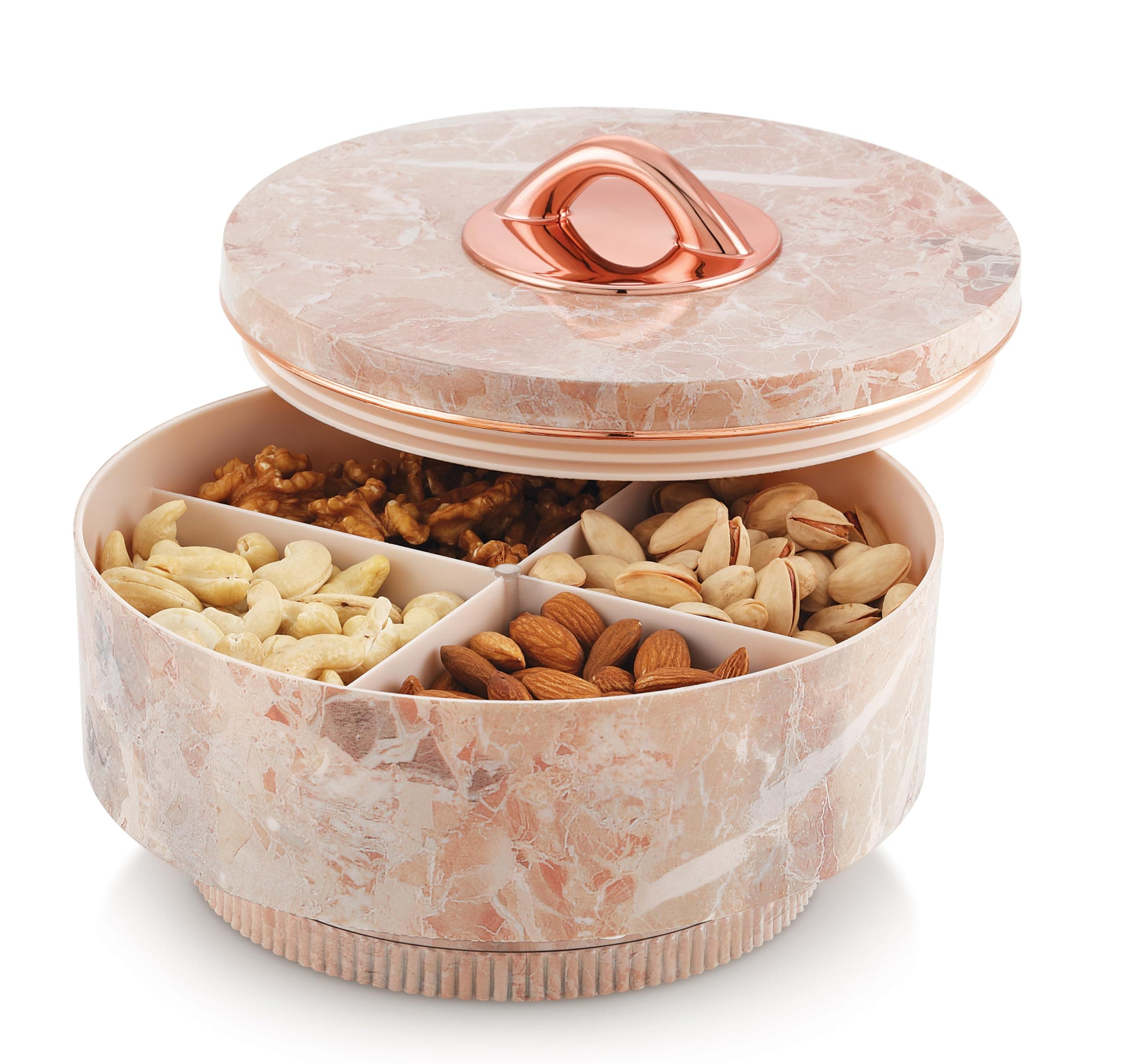 Nabhya Marble Print Revolving Round Shape 4 Section Multipurpose Dry Fruit Storage Container Set Box with Air-Tight Lid, Plastic Utility For Serving Sweets, Chocolates, Candy, Pickle & Kitchen (Beige)