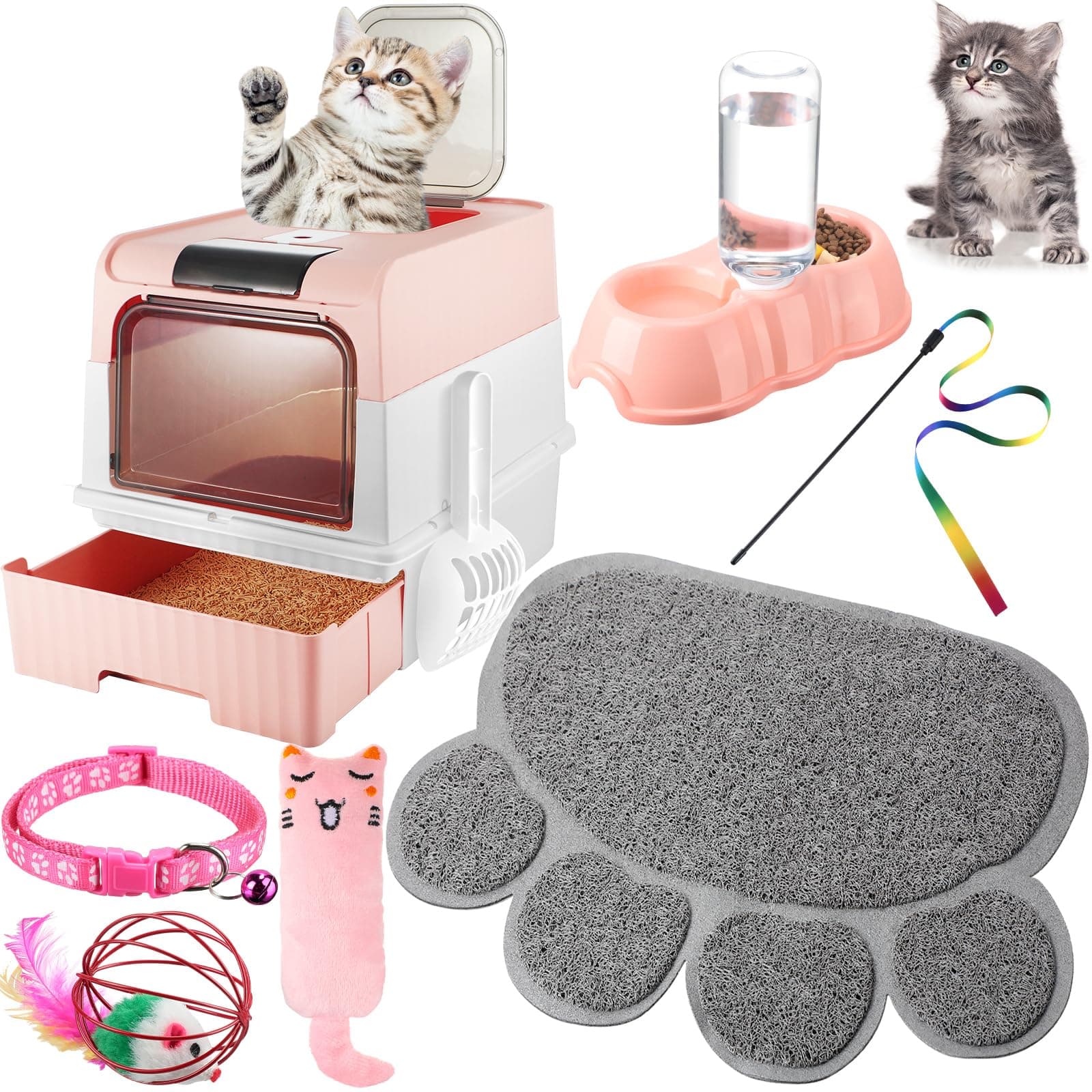 Tioncy 7 Pcs Small Cat Kitten Starter Kit Cat Litter Box with Shovel Paw Litter Mat Double Automatic Bowls Toy Teaser Stick Kitten Collar Essentials Kits for 1-3 Lbs Beginner(Pink)