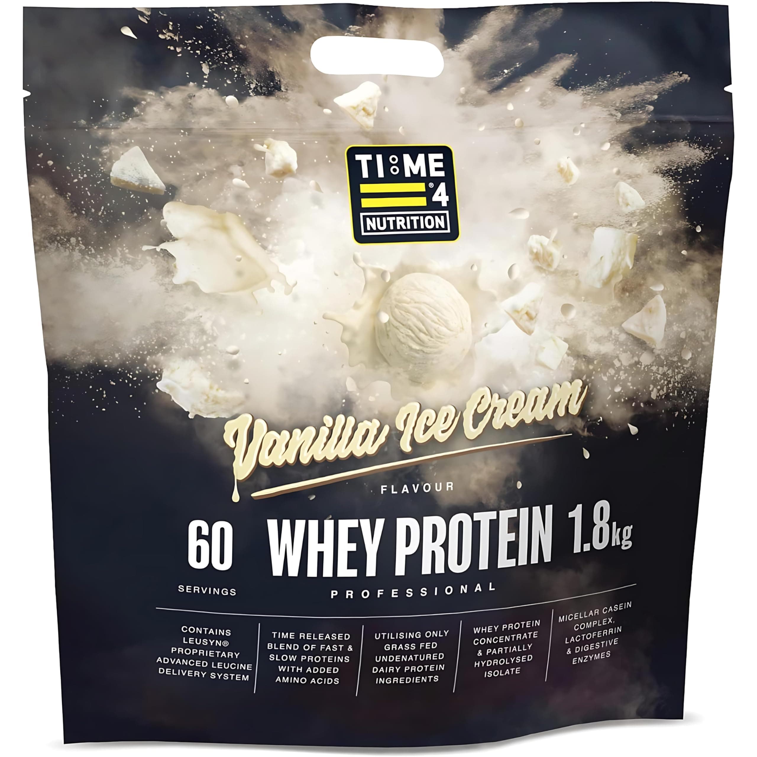 Whey Protein Professional Time Release Grass Fed Native Whey Protein Concentrate, Partially Hydrolysed Isolate & Micellar Casein (Vanilla Ice Cream, 1.8kg Bag)