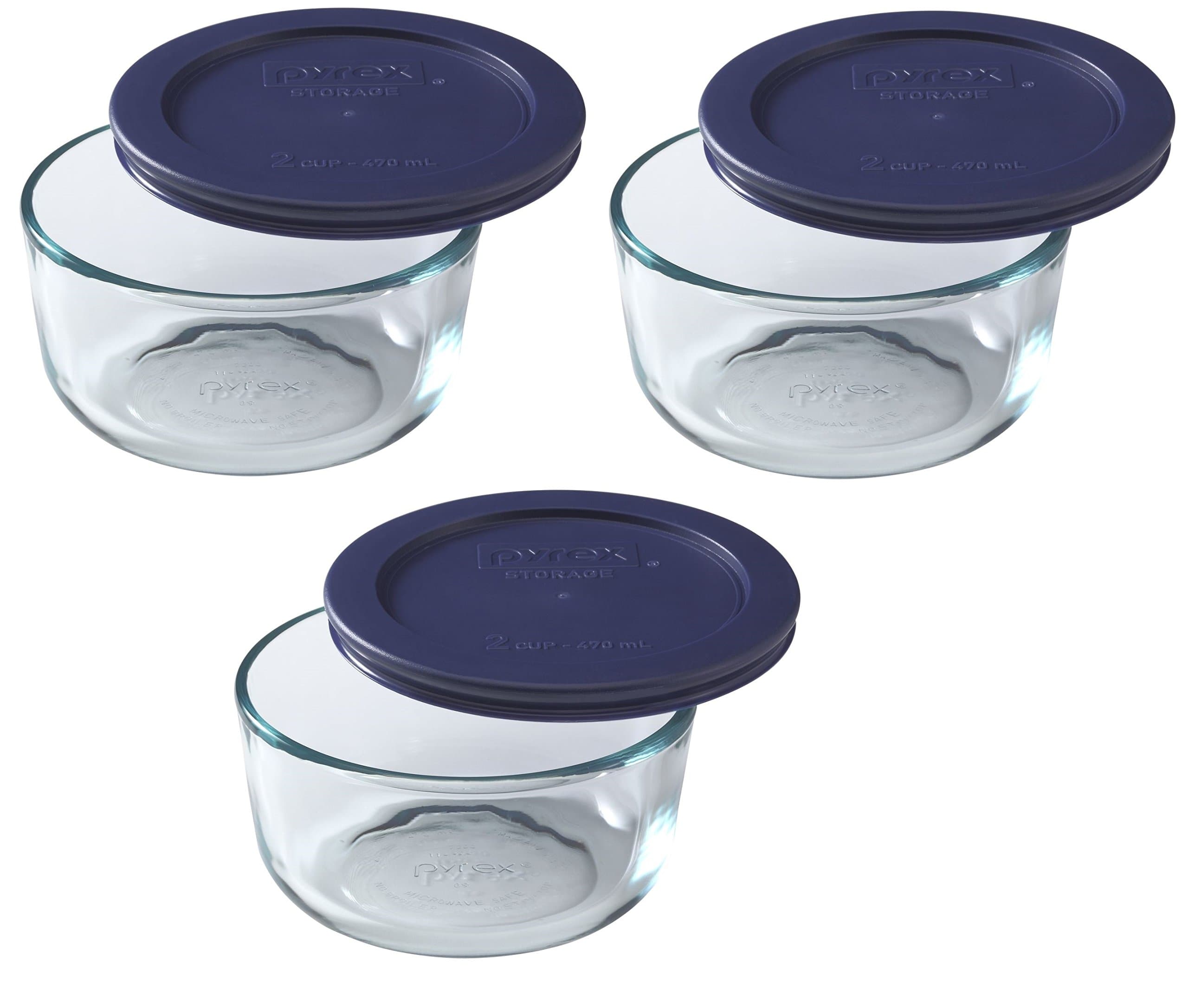 7200 2-Cup Glass Bowl & 7200-PC Dark Blue Lid (3-Pack) - Made in USA
