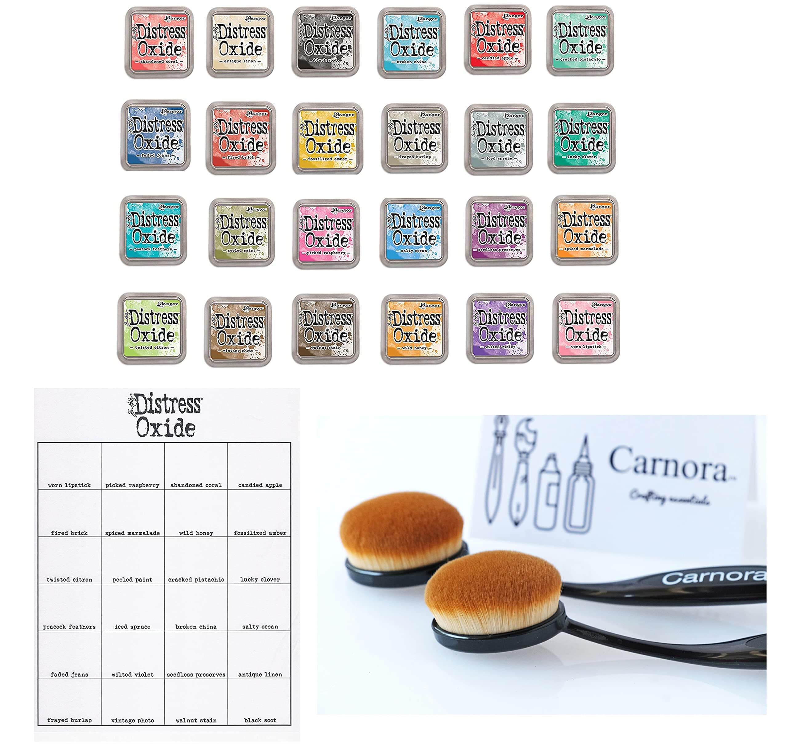Tim Holtz and Ranger Distress Oxide Inks - Complete Set of 24 3x3 Pads, 2 Carnora Blending Brushes and Bonus Color Chart