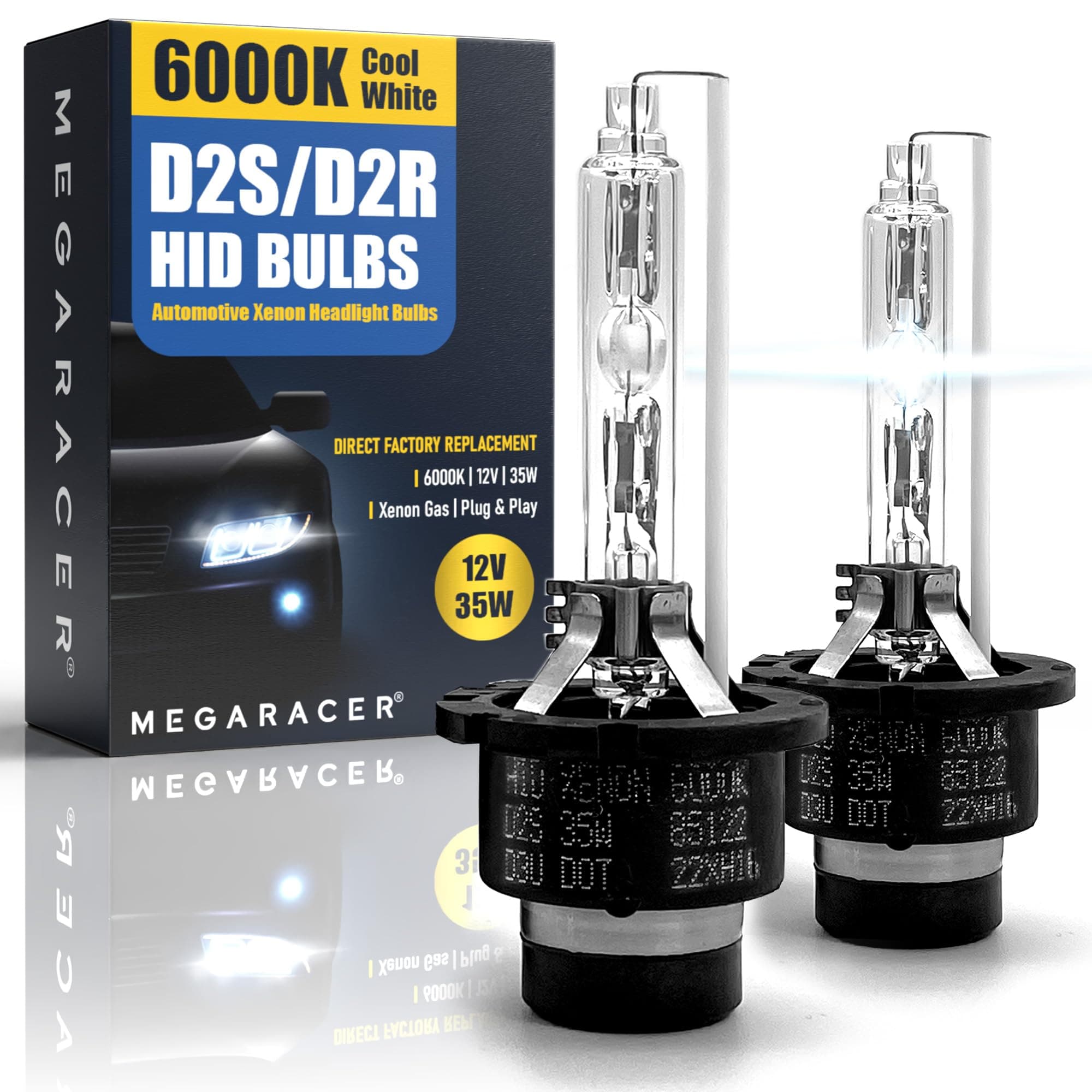 Mega Racer D2S HID Bulbs | D2R Headlight Bulb | 6000K Cool White HID Headlight Bulbs | Xenon Headlight Bulbs | Lights for Cars Headlights | Pack of 2