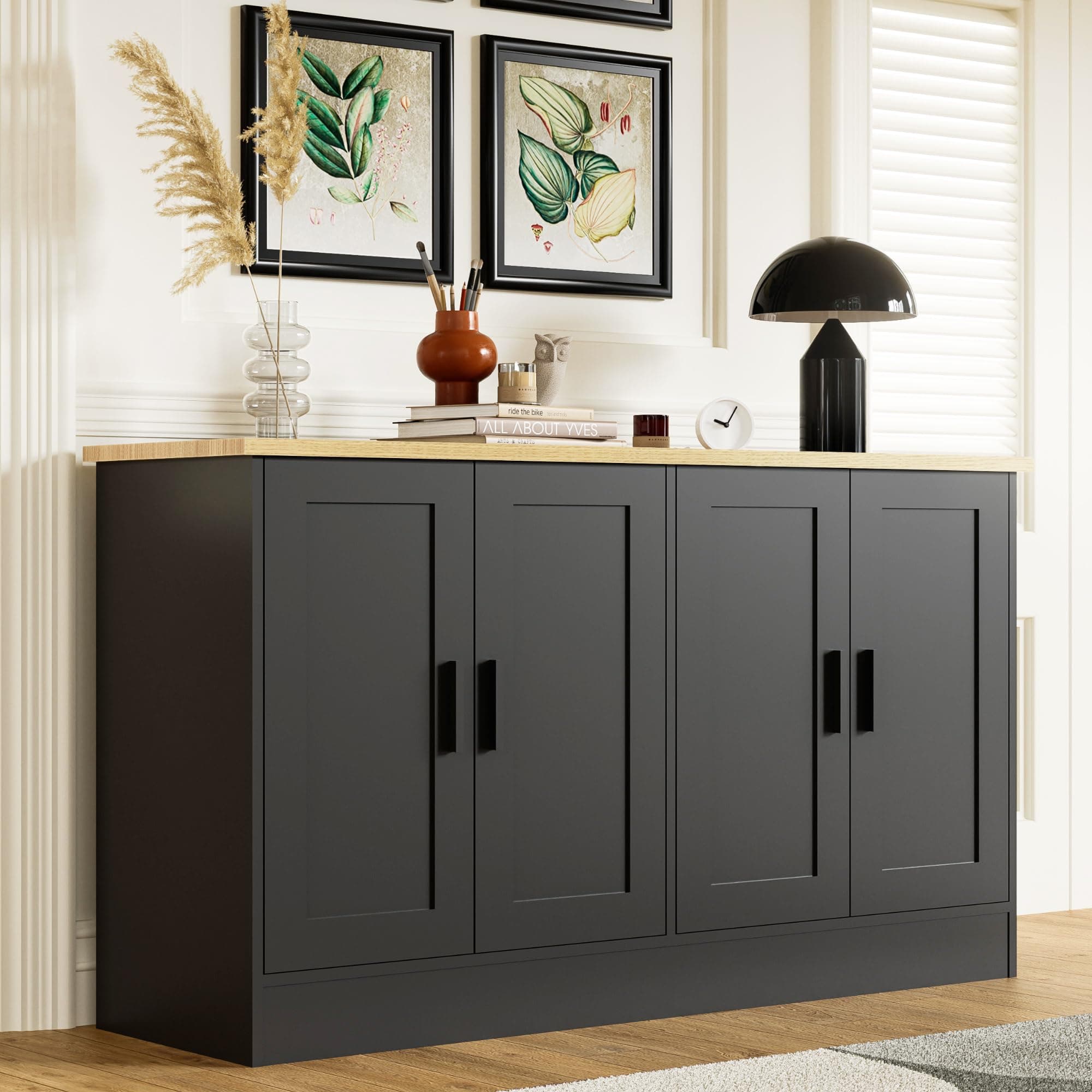 Anystyle 53" Black Buffet Cabinet with Storage, Modern Kitchen Sideboard with 4 Doors & Adjustable Shelves, Entryway Credenza & TV Console Table for Living Room, Dining Room