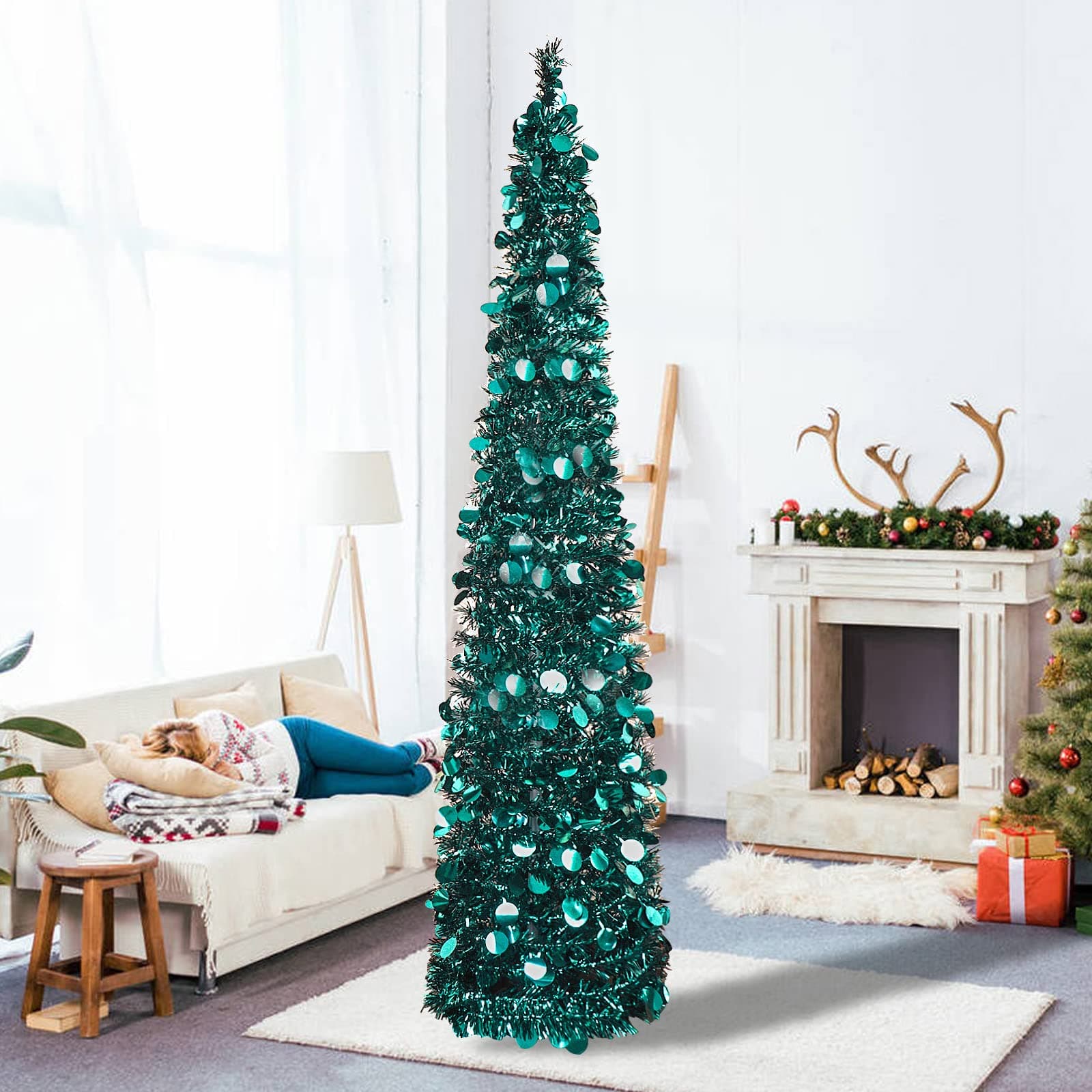 WOKEISE 5ft Pop Up Valentines Day Tree Artificial Christmas Tree,Pencil Tinsel Trees for Home Decorations Indoor Holiday Party (Green&Blue)