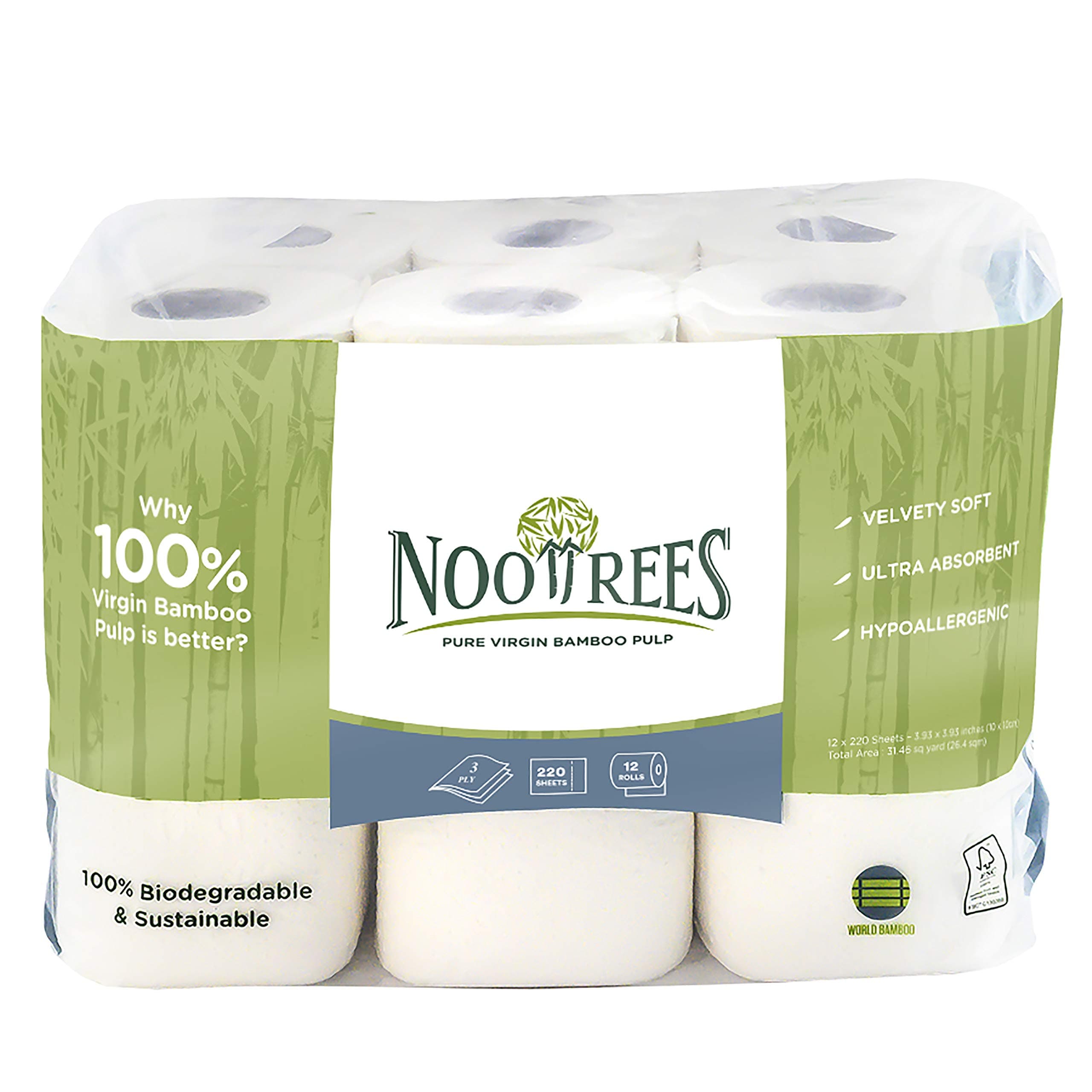 NooTrees Toilet Tissue, Tree Free, Biodegradable, Sustainable, Renewable and FSC Certified 3-ply Toilet Paper, 220 Sheets, 12 Rolls, Pack of 1 | Septic Safe, Tree Free, 100% Biodegradable, Eco Friendly, 3-Ply, FSC Certified