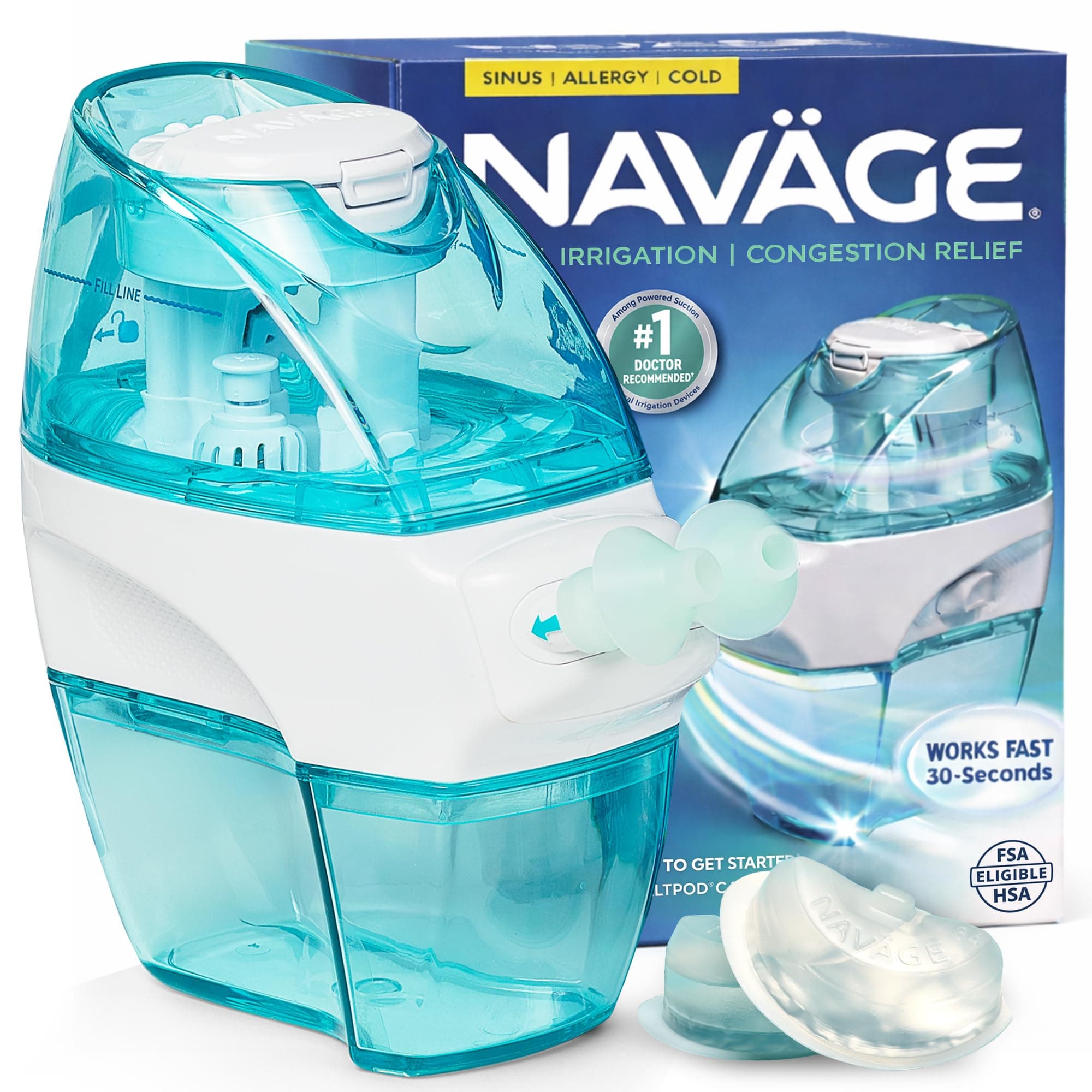 Navage® Starter Bundle – Nasal Irrigation System - Saline Nasal Rinse Kit with 1 Nose Cleaner and 30 SaltPods for Congestion Relief ($109 Value). Sinus Rinse for Clinically Proven Benefits