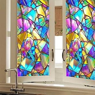BlissYard Stained Glass Window Colorful Geometry Window Privacy Film Stained Decals Static Cling Sun Blocking Decor for Home Office Windows Doors Glass Partitions 17.7" L x 39.3" W