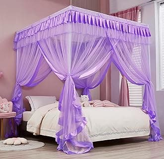 Mengersi(Queen, Purple) - Princess 4 Corners Post Canopy Bed Curtain for Girls Adults - Cosy Drapes - 4 Opening Mosquito Net - Cute Princess Bedroom Decoration Gift (Purple, Queen)