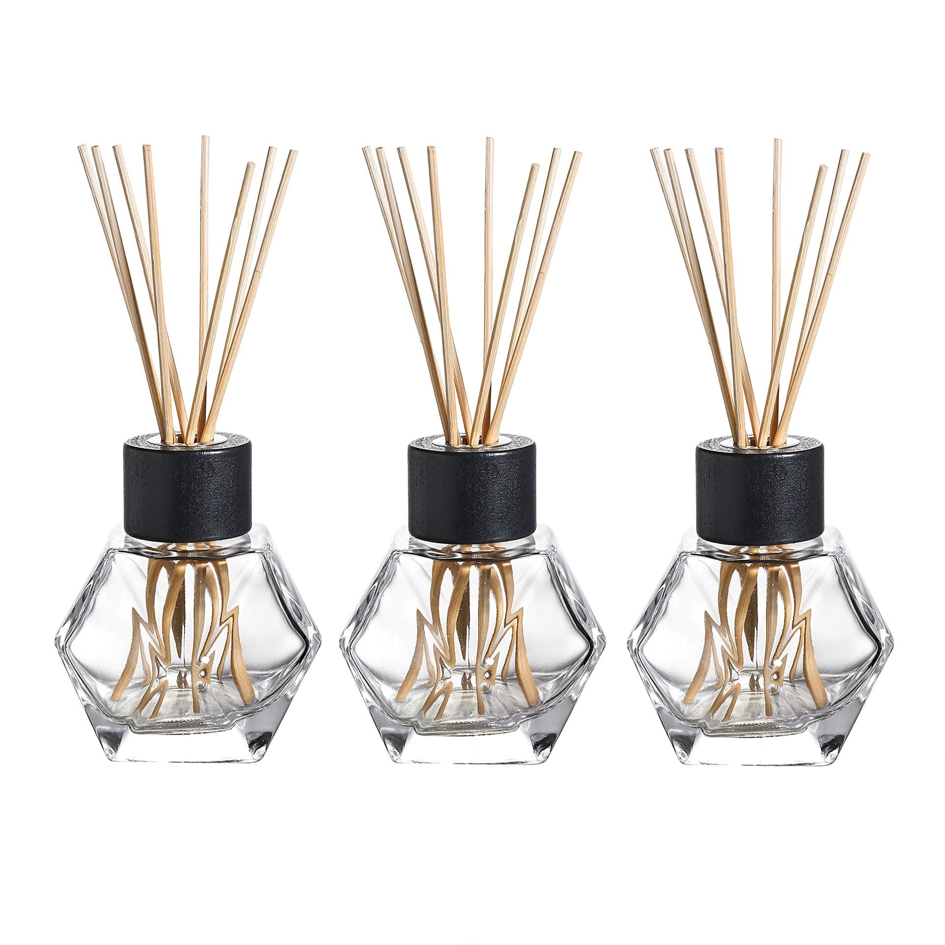 KMwares3PC Set 7oz Clear Glass Reed Oil Refillable Diffuser Bottles with Black Caps and 24PC Natural Reed Sticks for Home Fragrance & Decoration