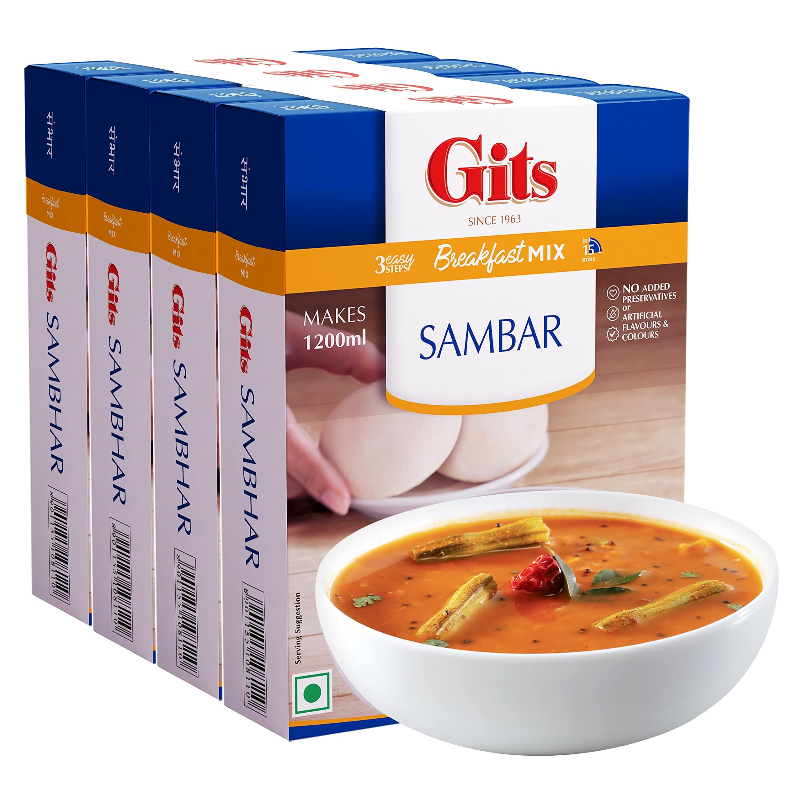 Gits Instant Sambhar Breakfast Mix, Makes 1200ml per Pack, Pure Veg, South Indian Recipe 400g (Pack of 4, 100g Each)