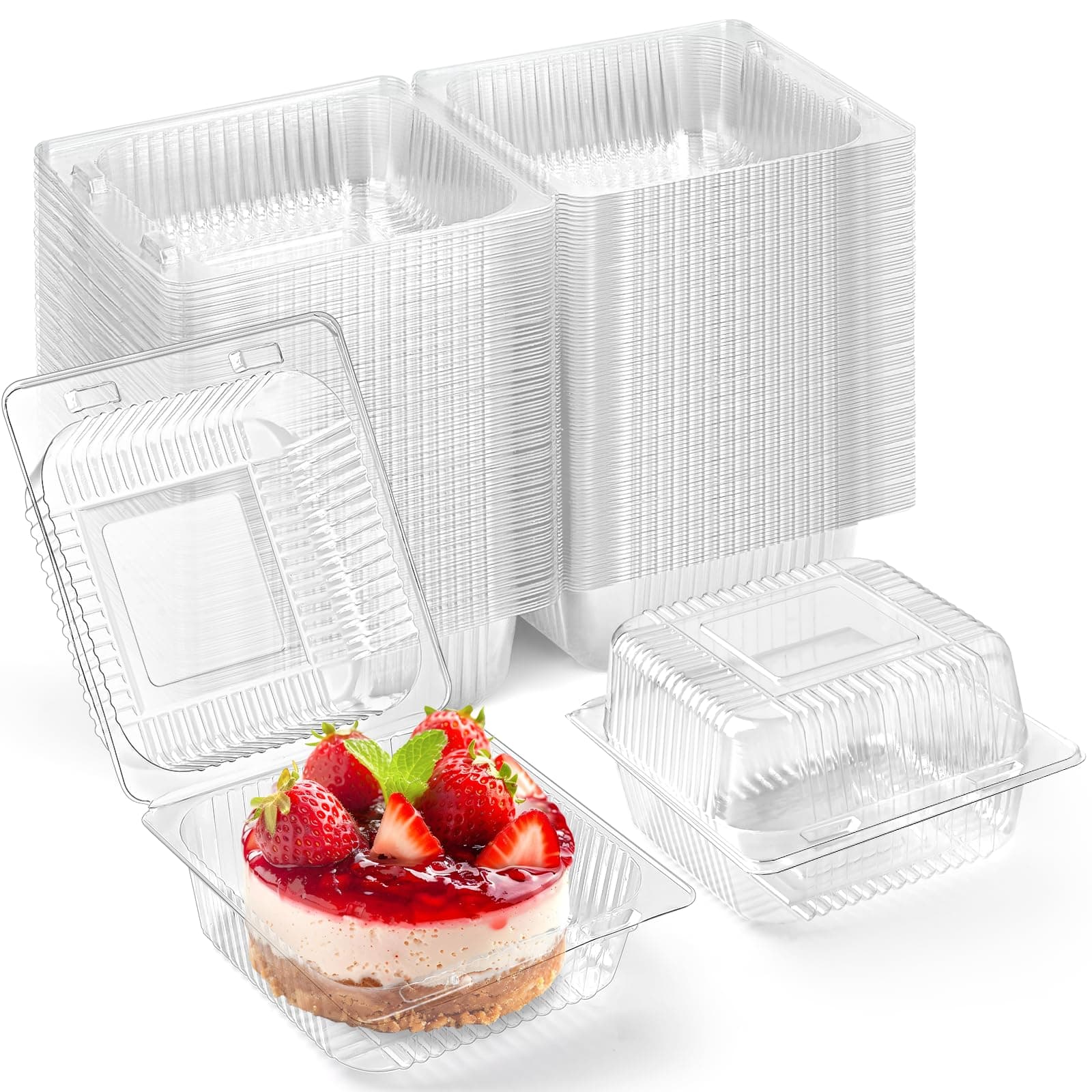 Zezzxu 50 Pack Clear Plastic Take Out Food Containers, Square Cake Slice Containers with Hinged Lids, Disposable To Go Boxes for Cookies, Desserts, Fruits, Salads, Sandwiches