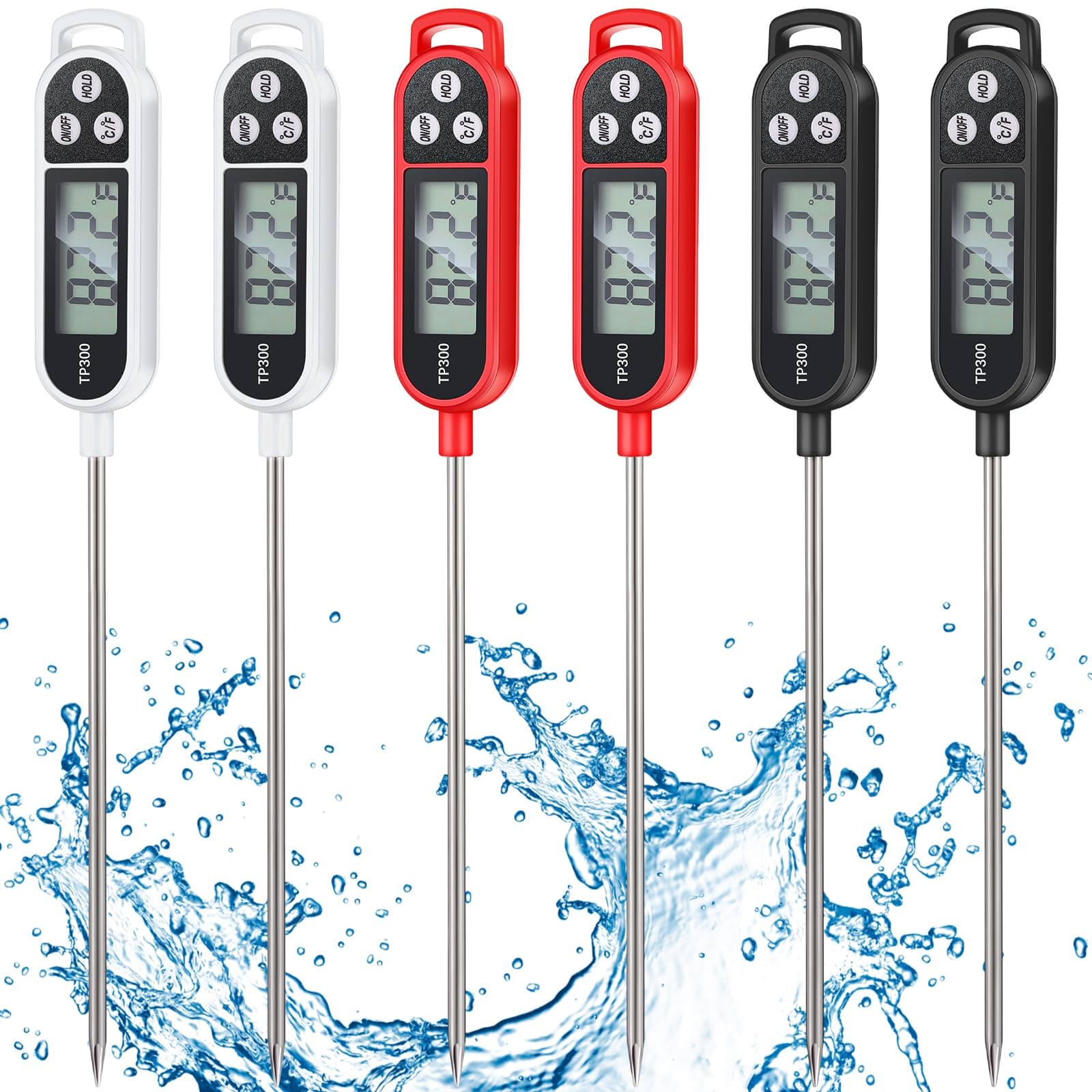 Copkim 6 Pcs Instant Read Meat Thermometer with Long Probe 9.65 Inch Kitchen Cooking Food Candy Waterproof Digital Thermometer for BBQ Water Milk Yogurt Liquid (Round&Square Ring,Black,White,Red)