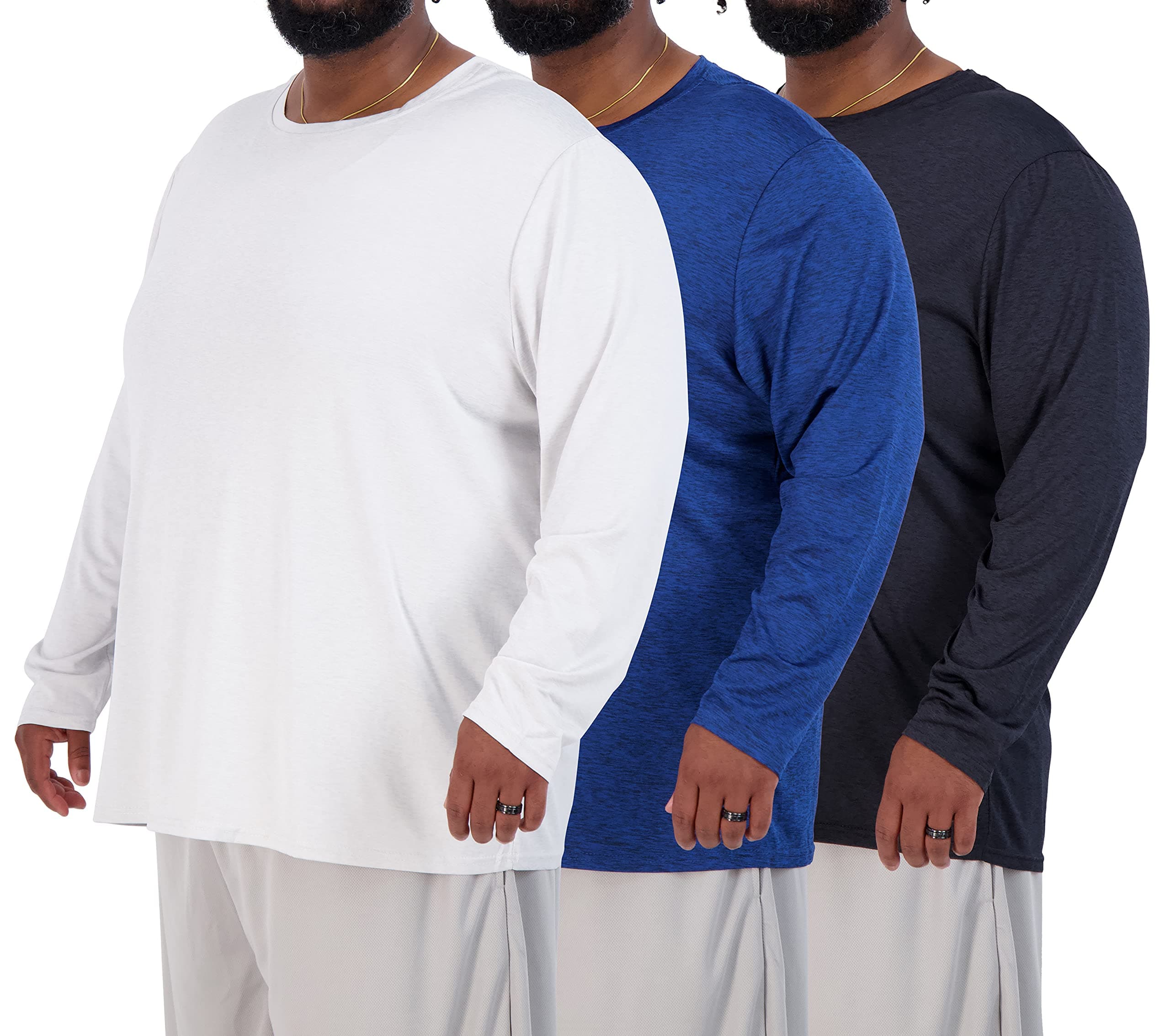 Real Essentials 3 Pack: Men’s Big & Tall Long Sleeve Dry-Fit Crew Neck T-Shirt - Gym Workout Athletic Running Tee (3XT-5XT)